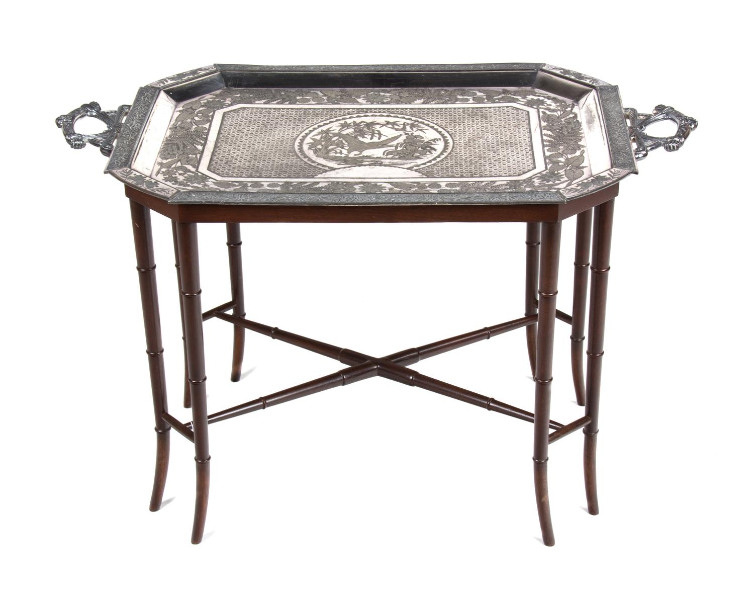 A Decorative Silverplate Tray on Bamboo Stand, Height 21 x width 34 x depth 20 inches.
