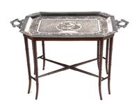 A Decorative Silverplate Tray on Bamboo Stand, Height 21 x width 34 x depth 20 inches.