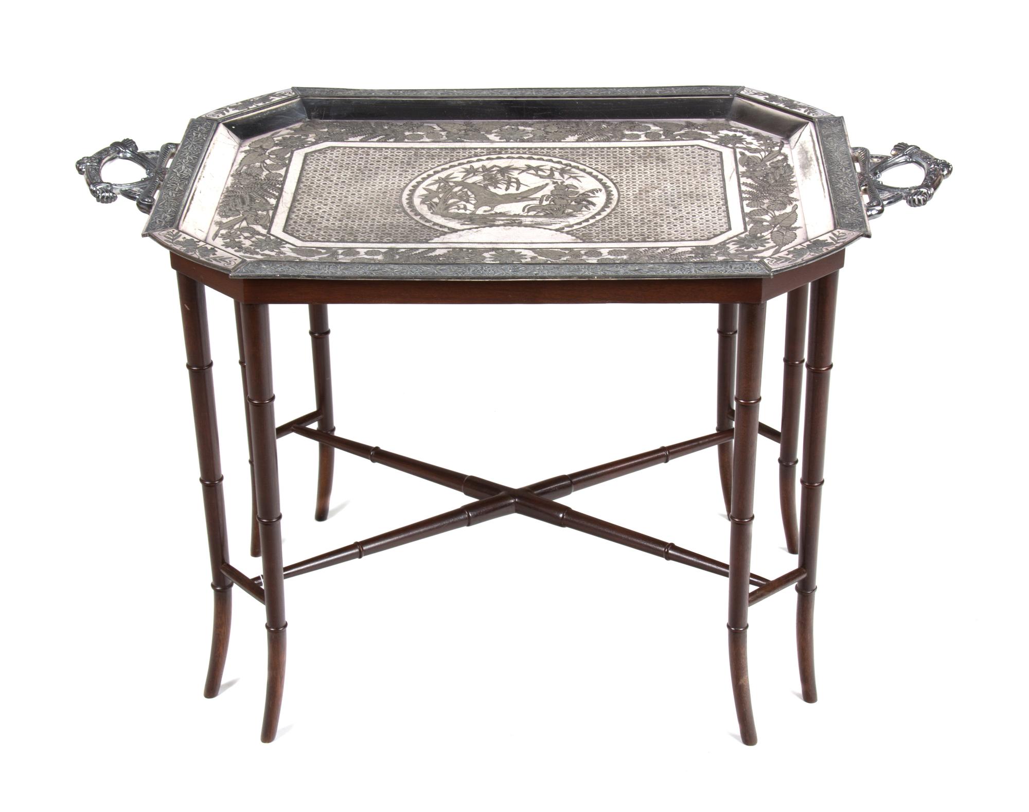 A Decorative Silverplate Tray on Bamboo Stand, Height 21 x width 34 x depth 20 inches.