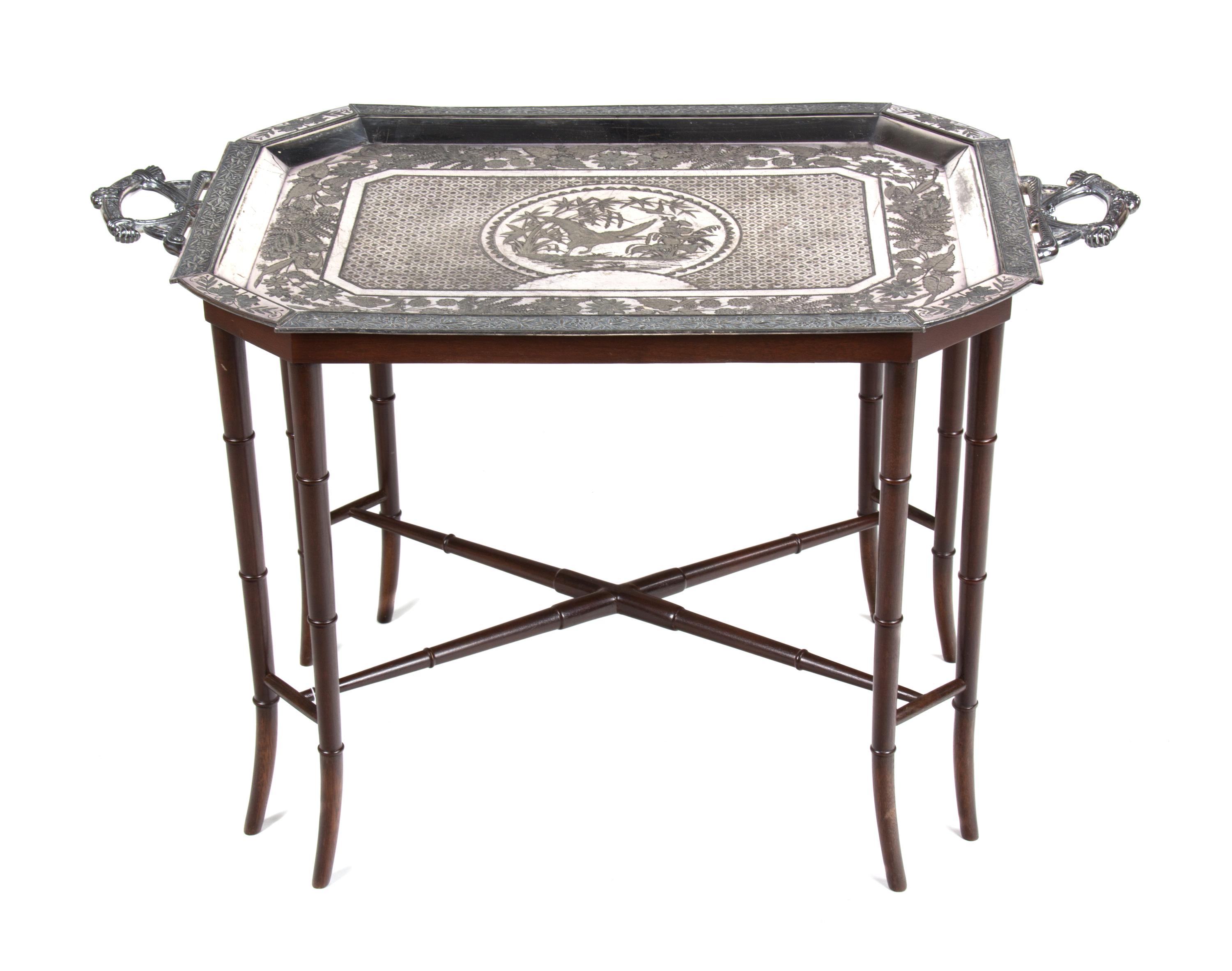 A Decorative Silverplate Tray on Bamboo Stand, Height 21 x width 34 x depth 20 inches.