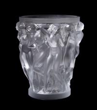 A Lalique Molded and Frosted Glass Vase, Height 9 5/8 inches.