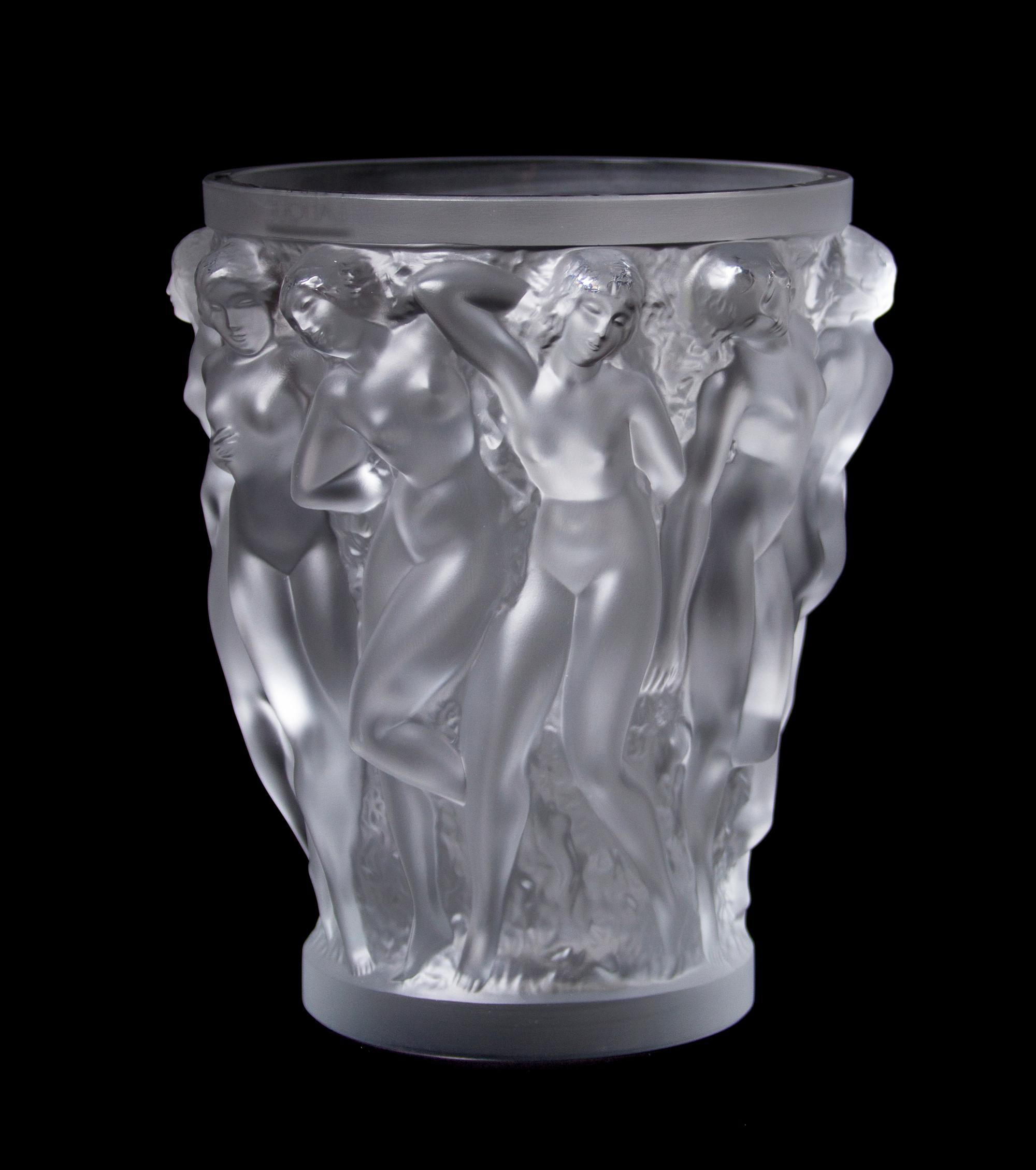 A Lalique Molded and Frosted Glass Vase, Height 9 5/8 inches.
