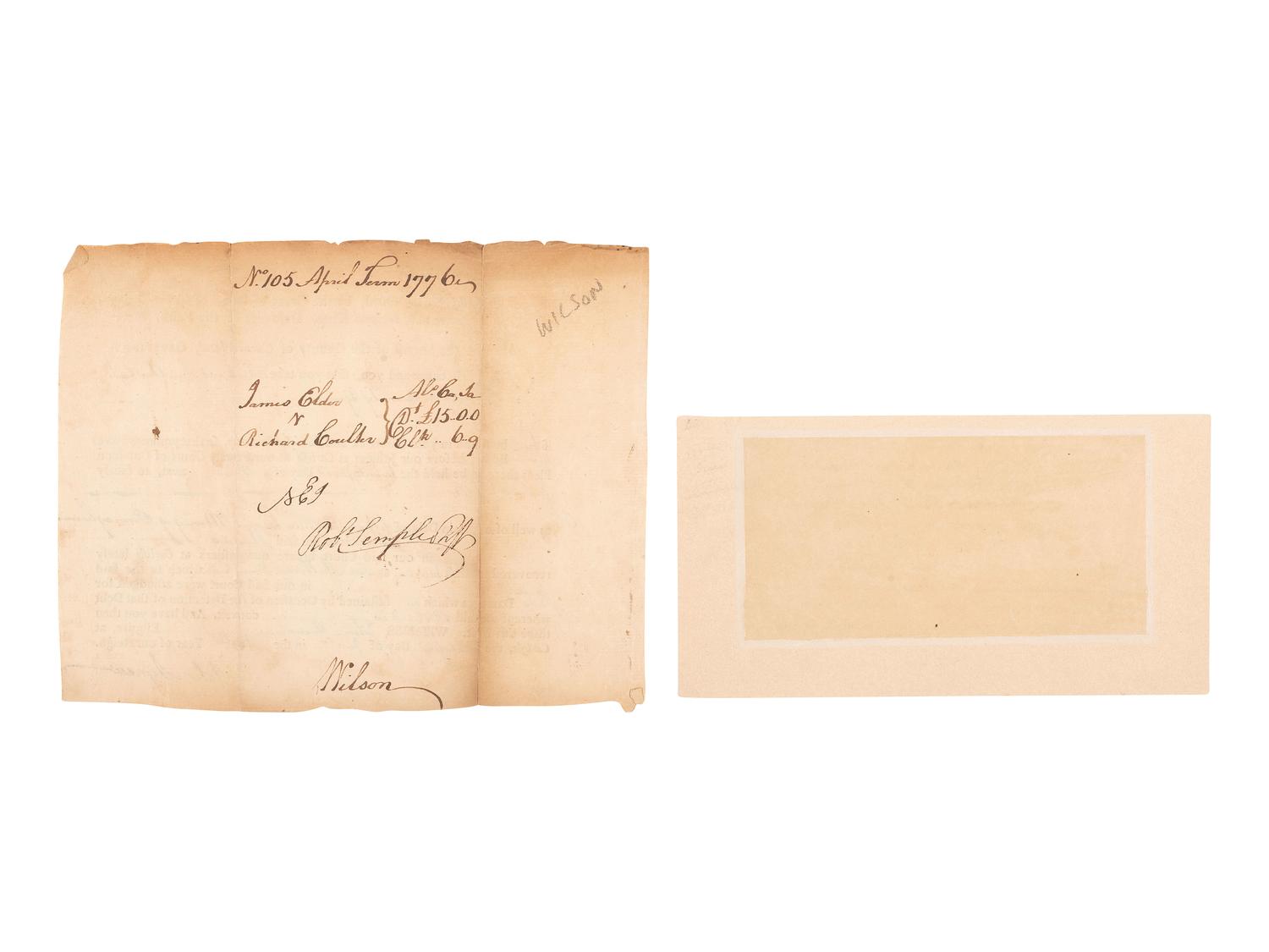 [SIGNERS]. MORTON, John (1725-1777). Autograph document signed ("John Morton Sheriff"). [Chester County, PA], ca 1766-1759. [ With: ] WILSON, James. Document signed ("Wilson"), 1776.