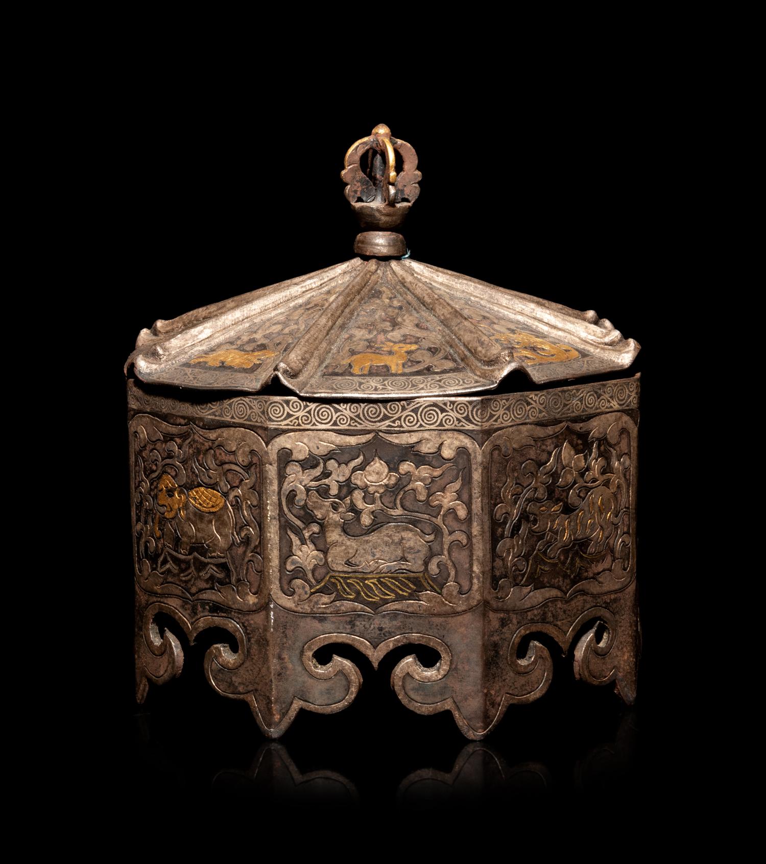A Tibetan Gilt Decorated Metal Covered Box