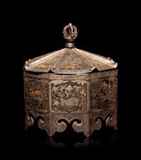 A Tibetan Gilt Decorated Metal Covered Box