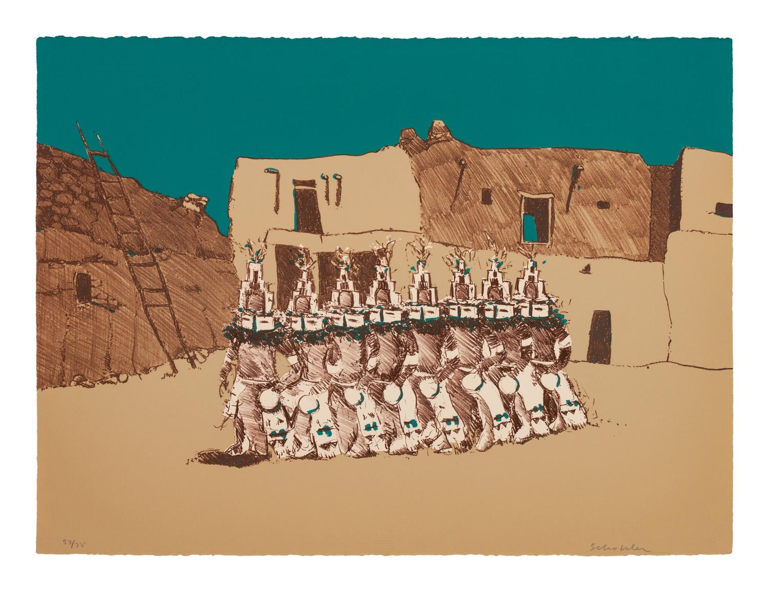 Lot is located and will ship from Denver, Colorado. Kachina Dancers (from Indians Forever Suite), edition 53/75, 1971