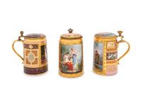 Three Vienna Painted and Parcel Gilt Porcelain Tankards