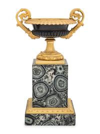 A Pair of Restauration Gilt and Patinated Bronze and Granite Urns