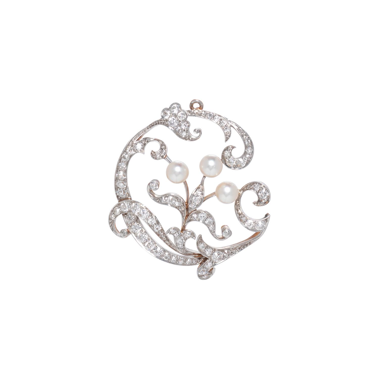 MARCUS & CO., EDWARDIAN, DIAMOND AND PEARL BROOCH