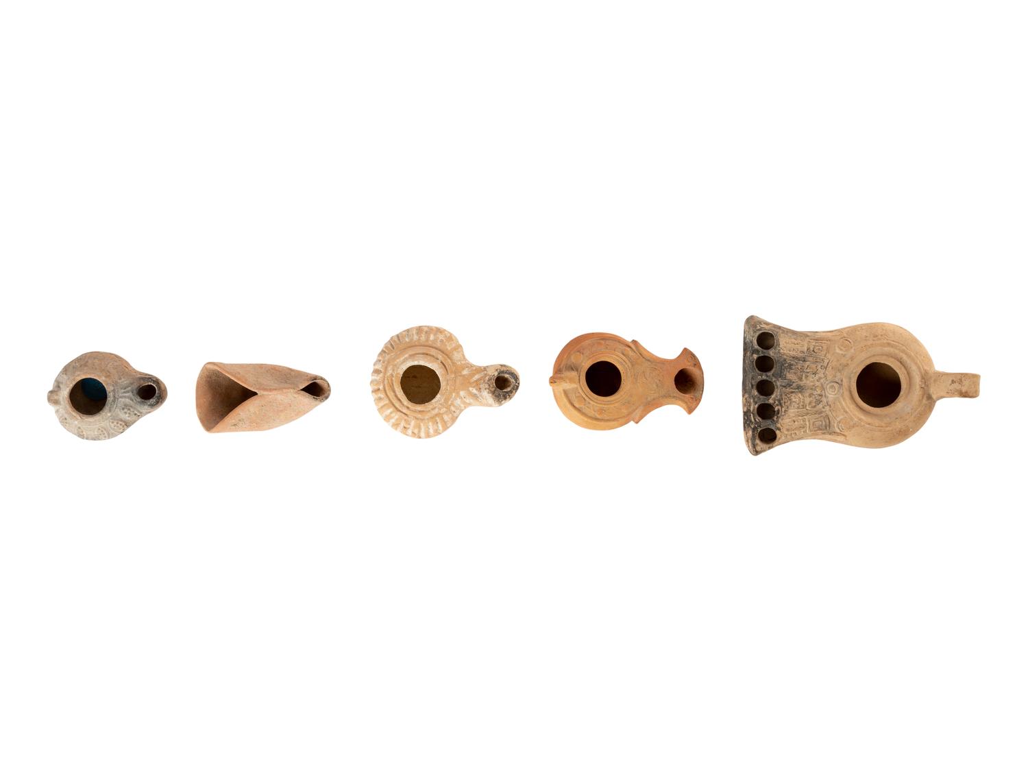 Five Roman and Holy Land Terracotta Oil Lamps