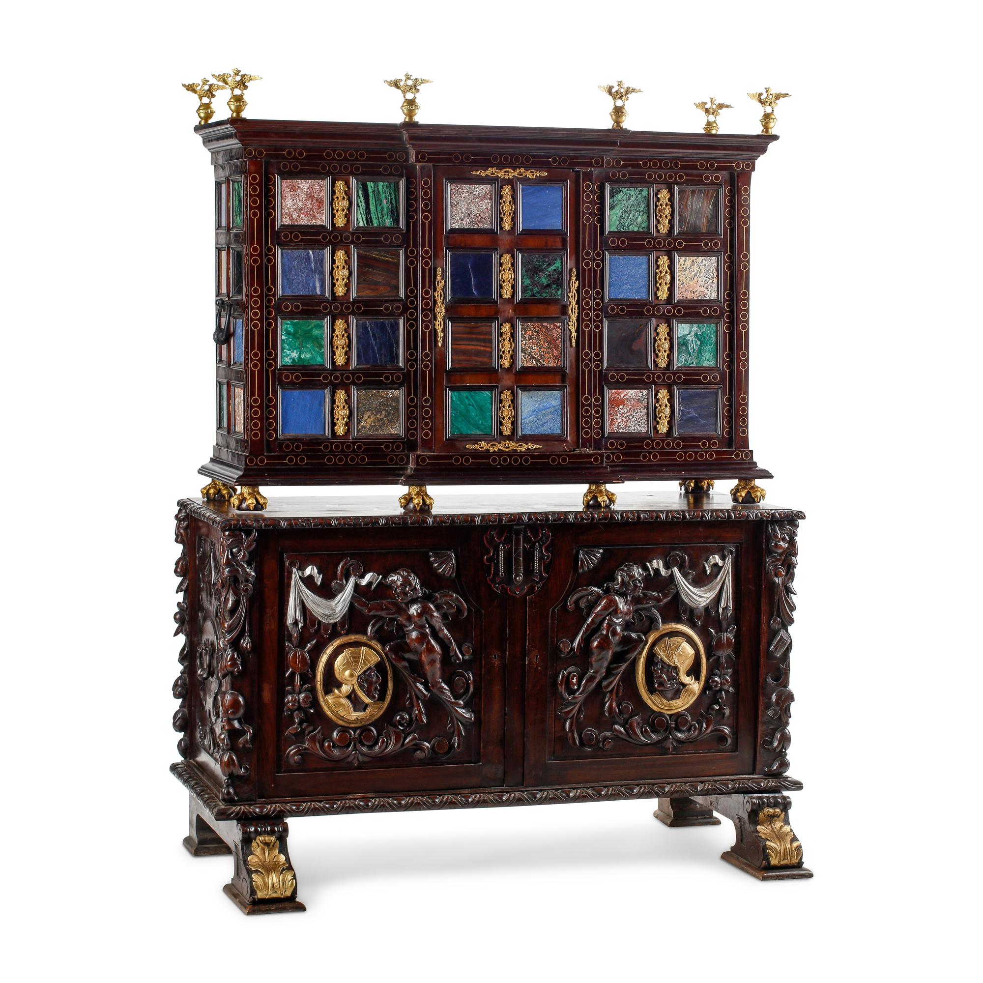 An Italian Renaissance Style Semiprecious Stone-Inlaid Collector's Cabinet on Stand