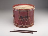 [CIVIL WAR]. E Pluribus Unum red-painted drum featuring eagle motif, with drumsticks.