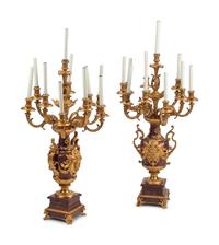 A Pair of Napoleon III Gilt Bronze and Rouge Griotte Marble Ten-Light Candelabra