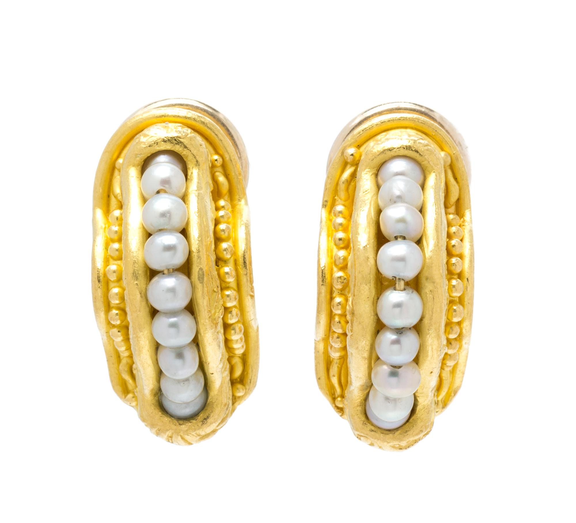 A Pair of 22 Karat Yellow Gold and Cultured Pearl Earclips, Denise Roberge, 14.50 dwts.