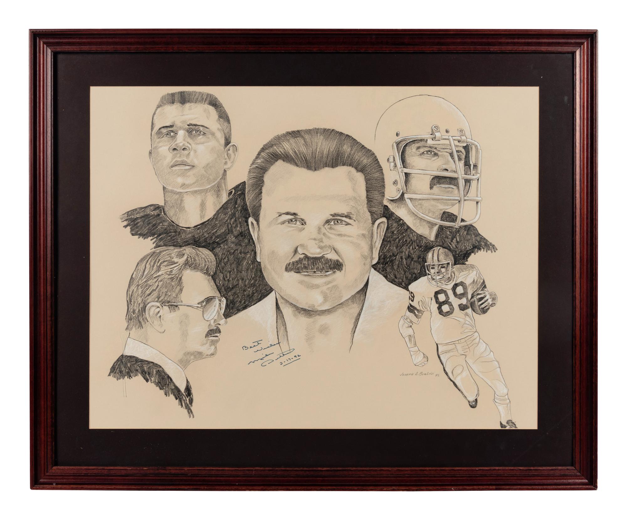 A Pair of Mike Ditka Signed Autograph Artworks Formerly Displayed at Mike Ditka’s Restaurant