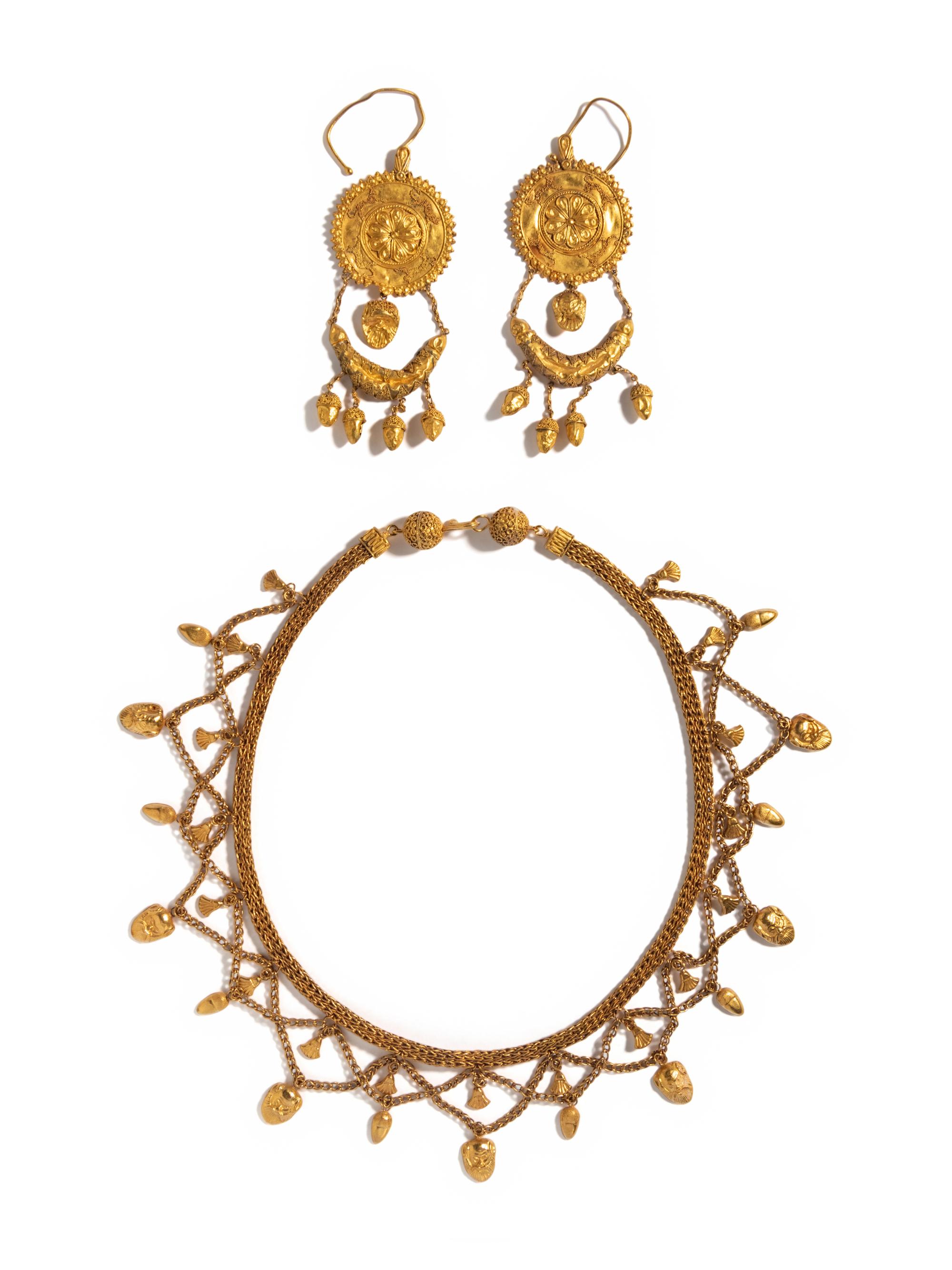 An Etruscan Revival Gold Fringe Necklace with a Pair of Etruscan Revival Gold Earrings