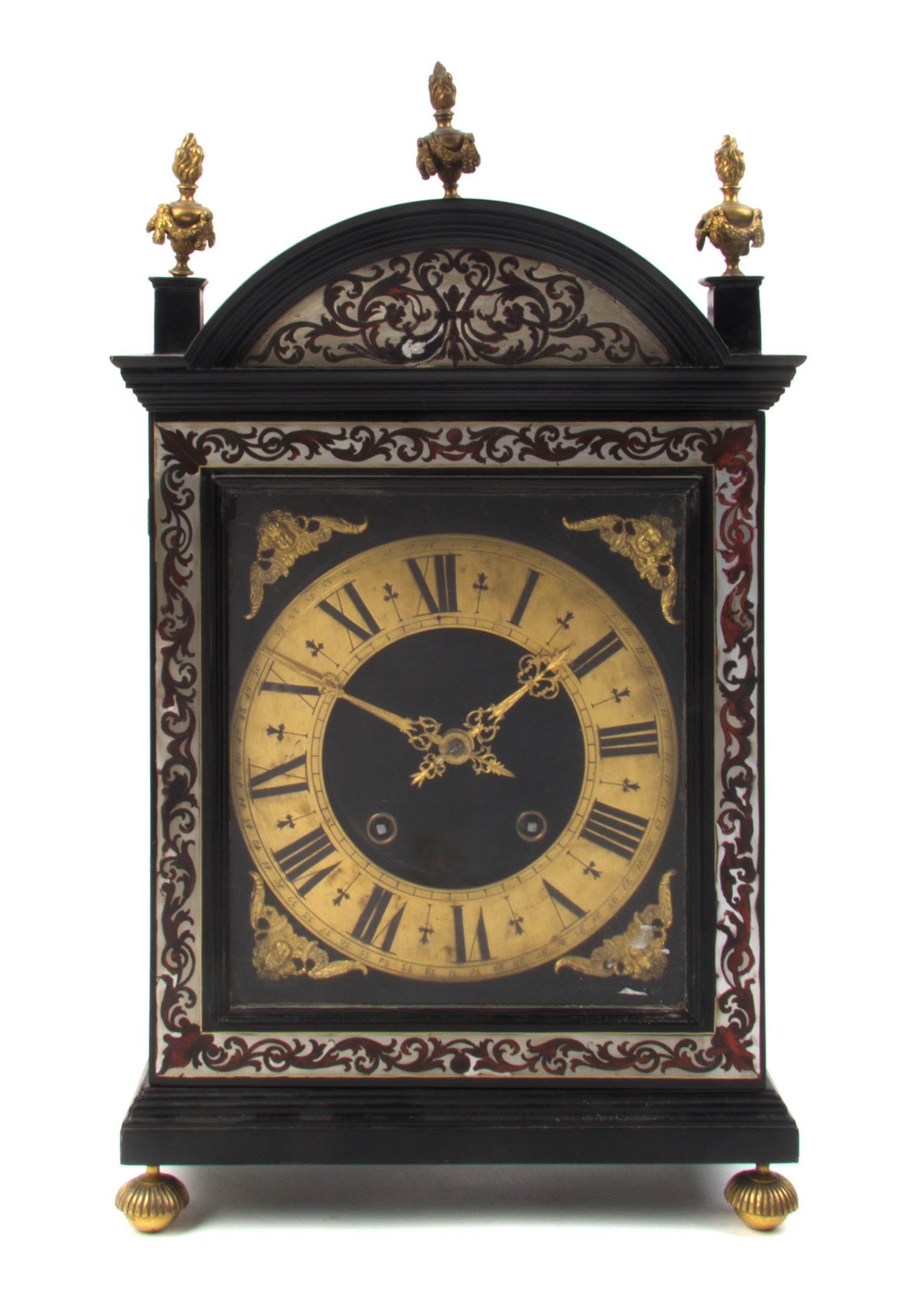 A Napoleon III Boulle Marquetry Mantel Clock, MOVEMENT SIGNED JEAN ANGOILLE PARIS, Height 21 1/2 inches. — MOVEMENT SIGNED JEAN ANGOILLE PARIS,