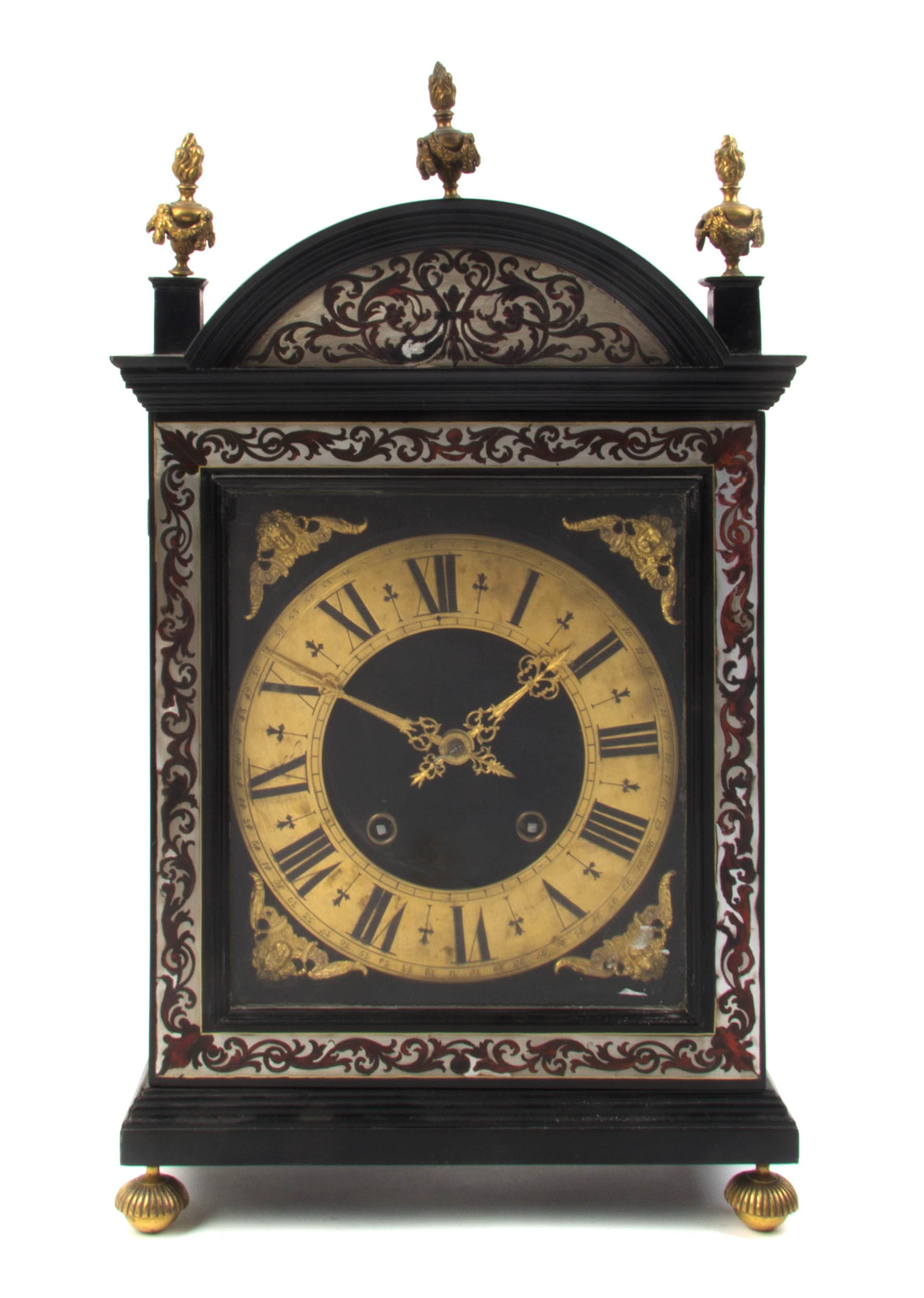 A Napoleon III Boulle Marquetry Mantel Clock, MOVEMENT SIGNED JEAN ANGOILLE PARIS, Height 21 1/2 inches. — MOVEMENT SIGNED JEAN ANGOILLE PARIS,