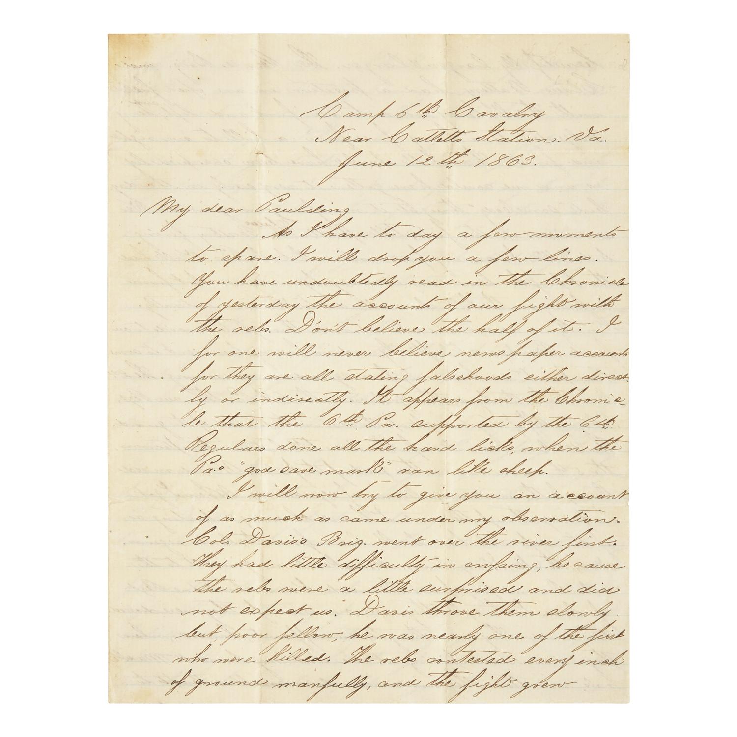[Civil War] Balder, Christian. First-Hand Account of the Battle of Brandy Station