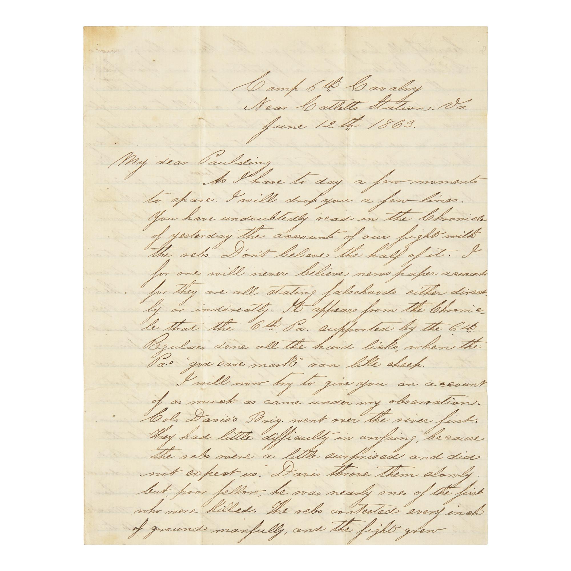 [Civil War] Balder, Christian. First-Hand Account of the Battle of Brandy Station