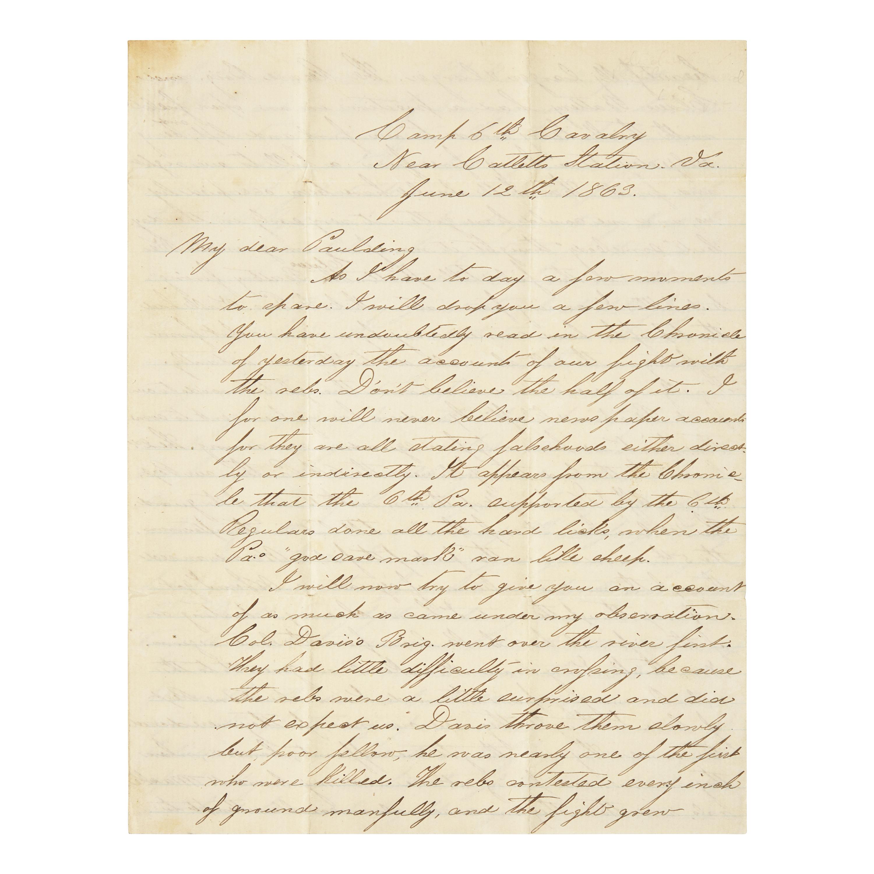 [Civil War] Balder, Christian. First-Hand Account of the Battle of Brandy Station