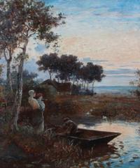 Eugene Swinry, (19th century), Lakescene at Sunset with Figures