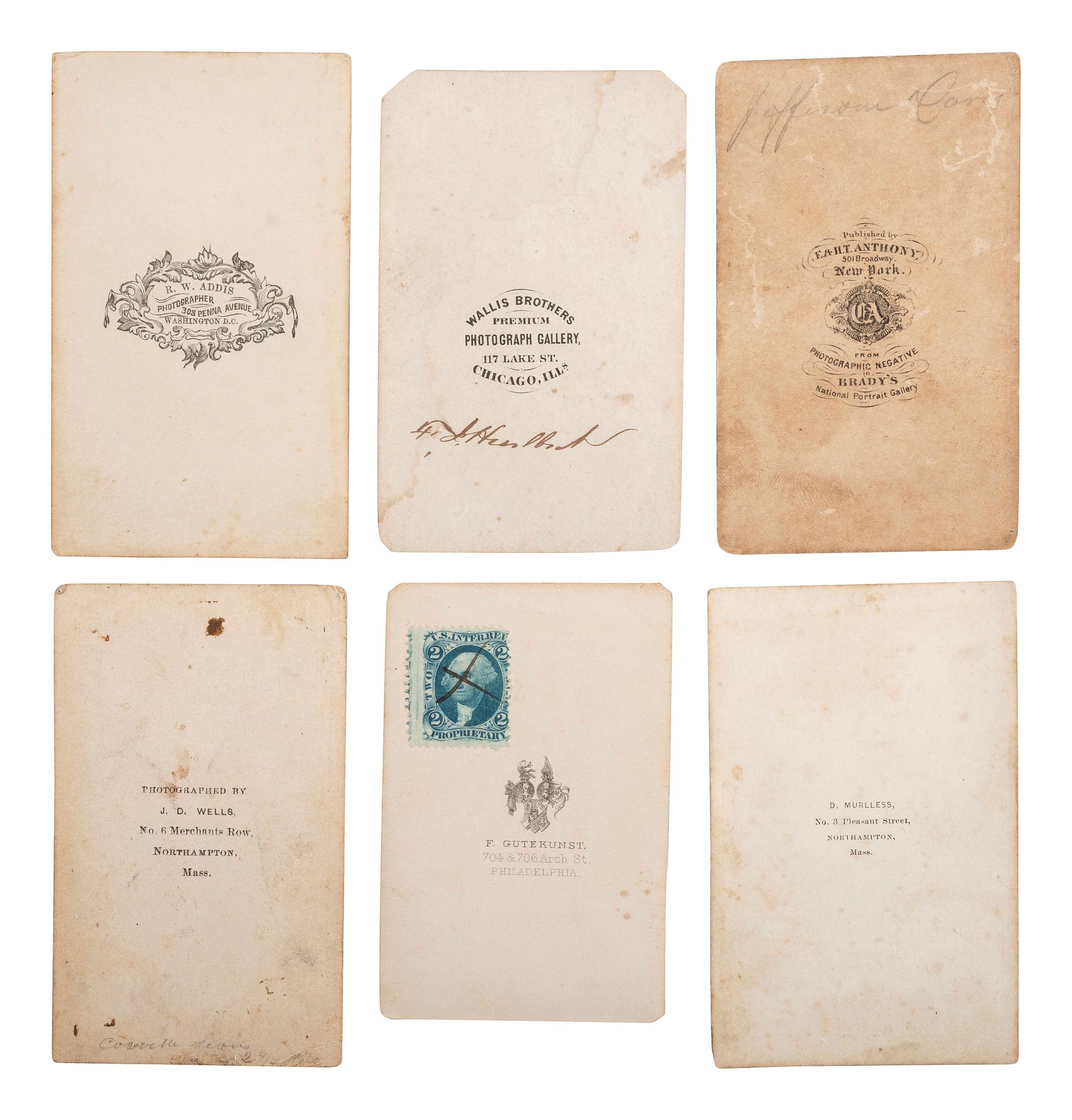 [CIVIL WAR]. A group of 6 CDVs of Civil War personalities, incl. Jefferson Davis, Ulysses S. Grant, and soldier tentatively identified as Corvette E. Lewis, 32nd Massachusetts Infantry, WIA Laurel Hill, VA.