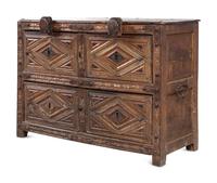 A Spanish Iron Mounted Red-Stained and Parcel-Gilt Walnut Vargueno Base