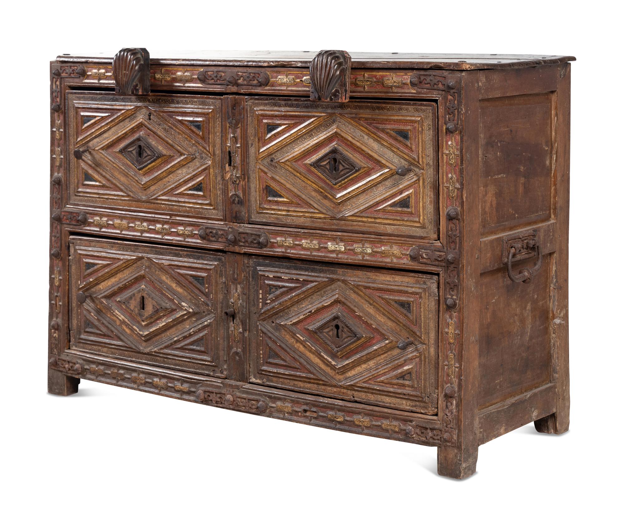 A Spanish Iron Mounted Red-Stained and Parcel-Gilt Walnut Vargueno Base