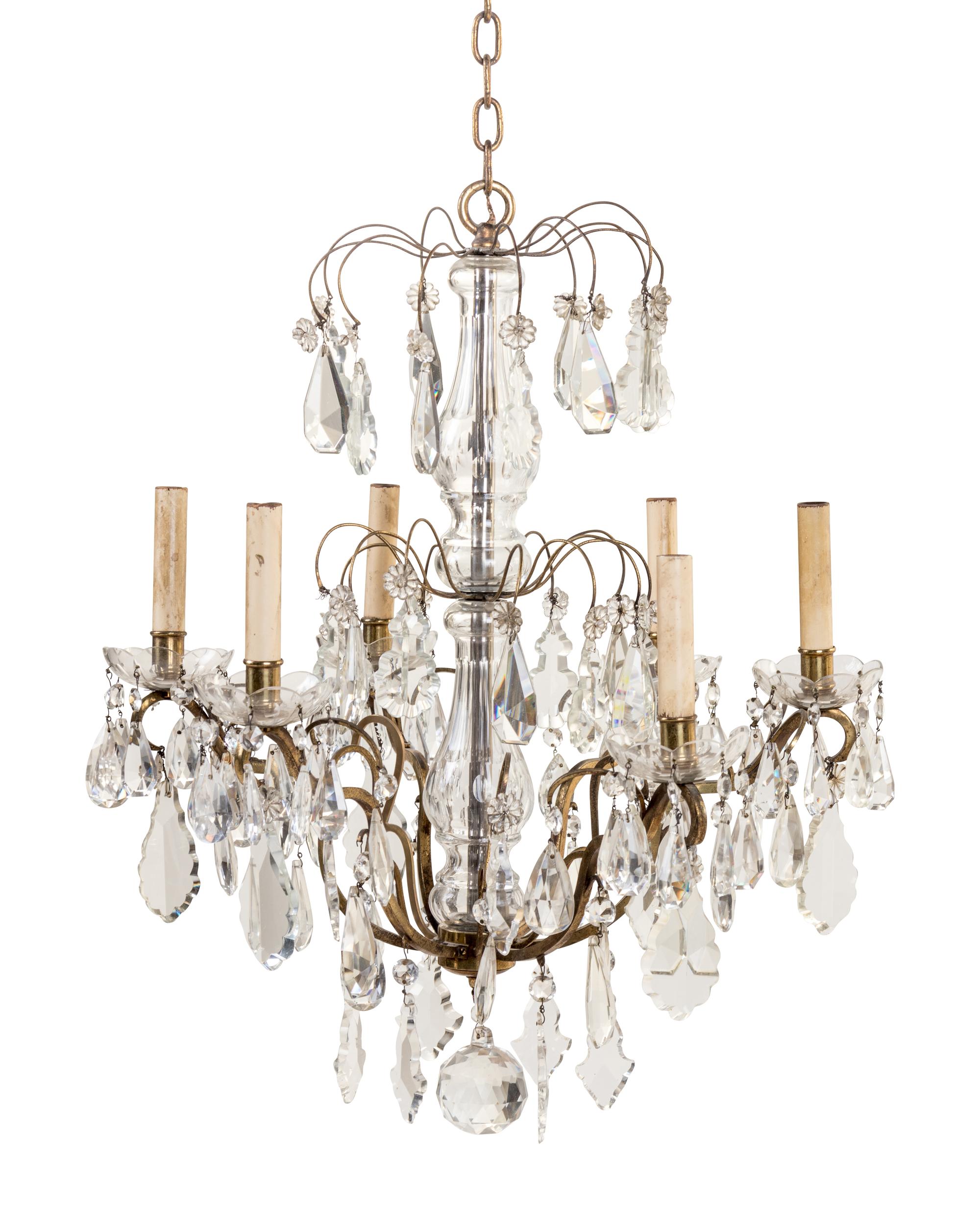 A Brass and Cut Glass Six-Light Chandelier