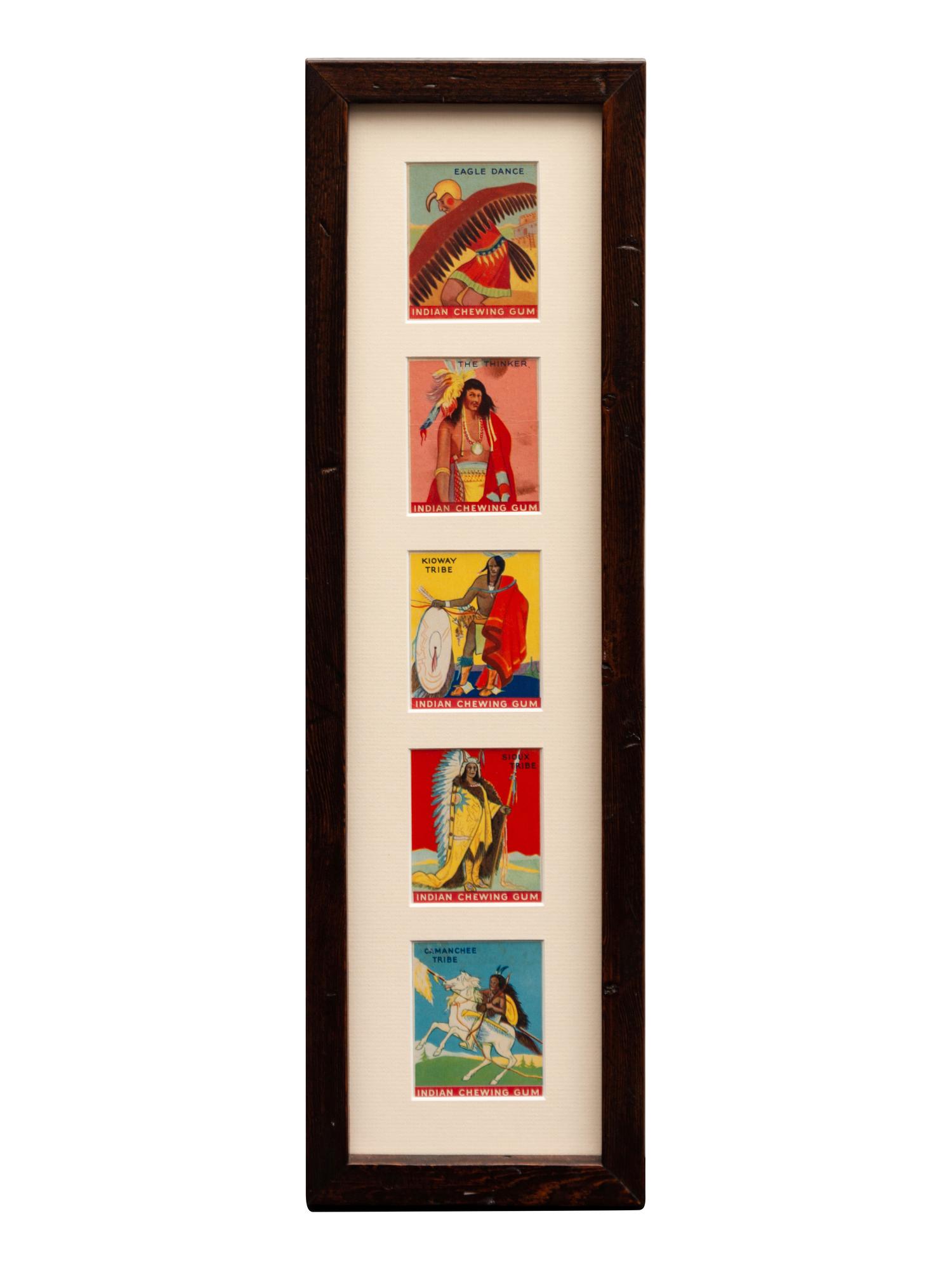Framed Hassan Western Tobacco Cards, Indian Chewing Gum cards and a Round Up Cigar Mirror