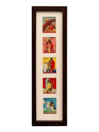 Framed Hassan Western Tobacco Cards, Indian Chewing Gum cards and a Round Up Cigar Mirror