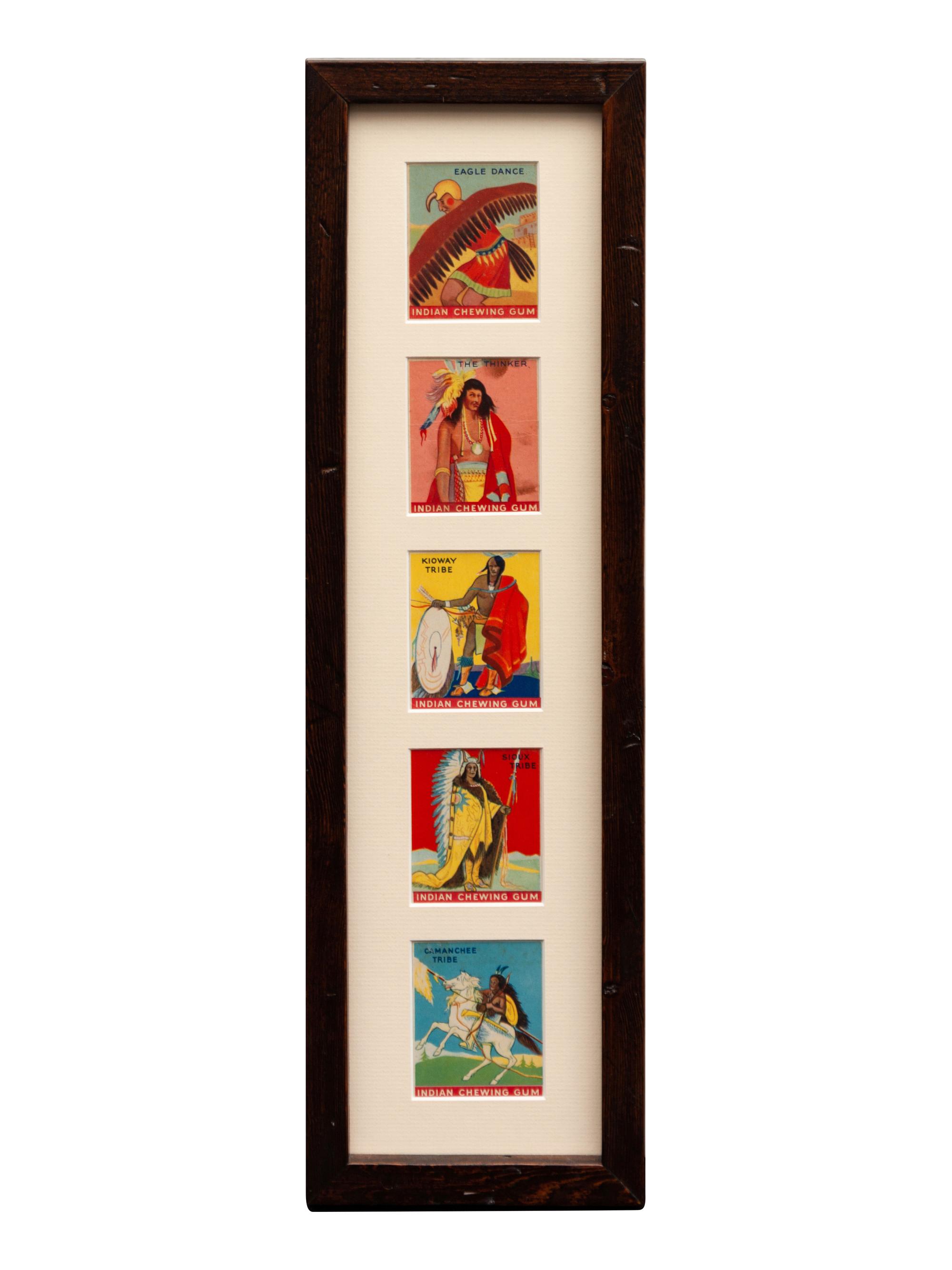 Framed Hassan Western Tobacco Cards, Indian Chewing Gum cards and a Round Up Cigar Mirror