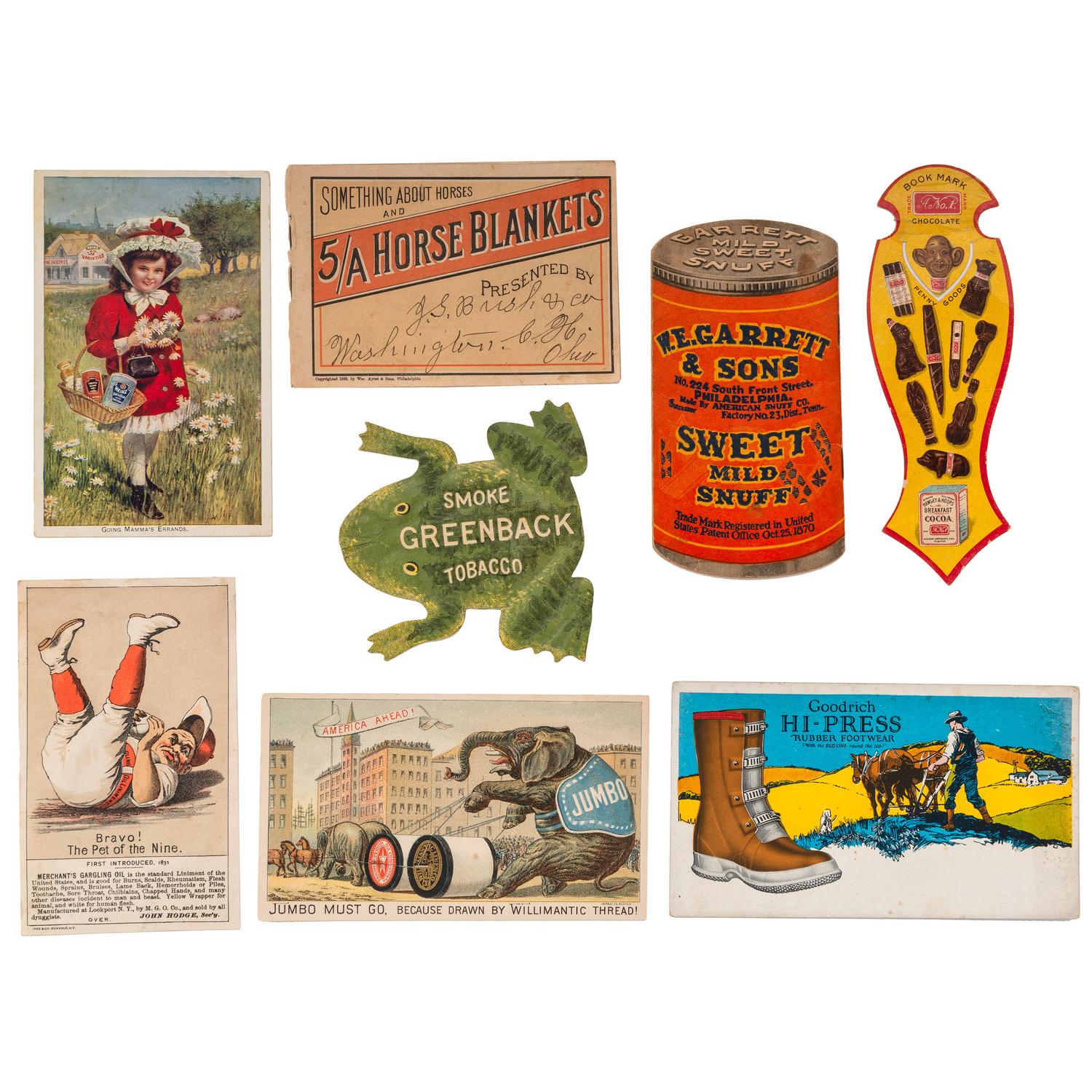 [ADVERTISING]. A group of 43 advertising pieces, including die-cut Valentines, catalogs, advertising cards, and more.