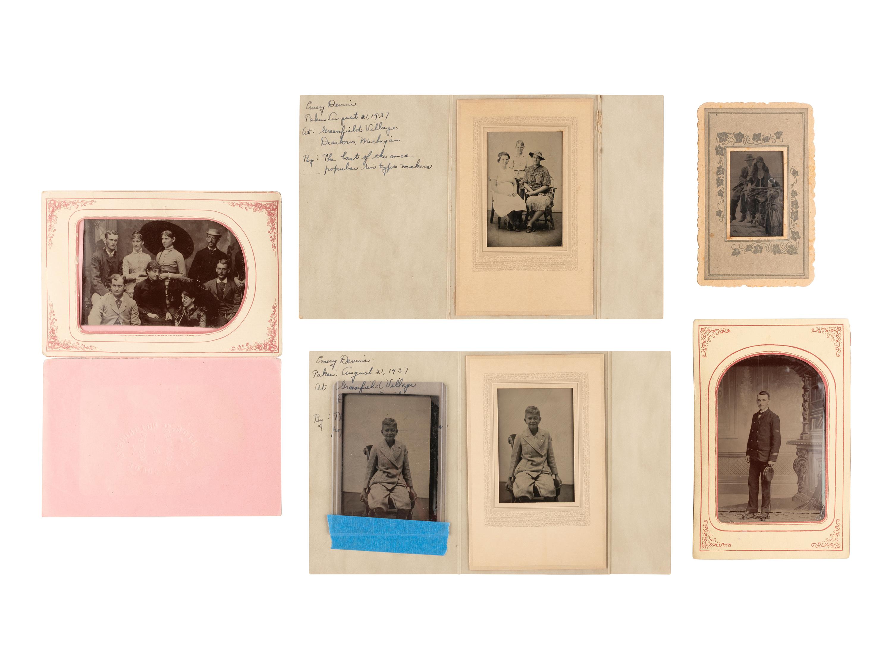 [EARLY PHOTOGRAPHY]. Large collection of assorted tintypes incl. large group portraits, bicyclists, & Edison Institute images.