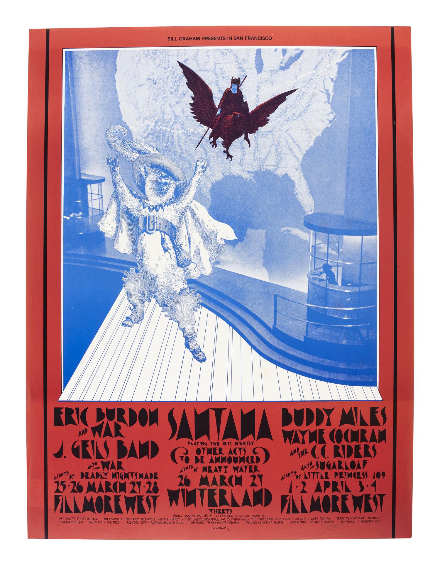 [MUSIC - POSTERS]. SINGER, David, artist. Complete set of 66 SIGNED posters designed for the Fillmore West Ballroom, San Francisco, California. 1969-1971.