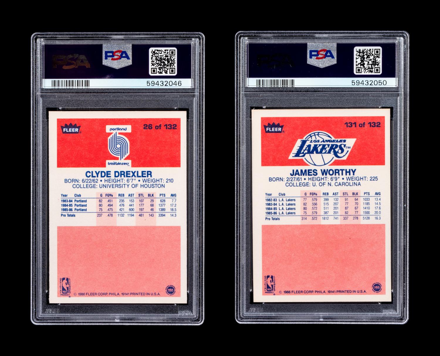 A Group of 1986 Fleer Clyde Drexler and James Worthy PSA Graded Rookie Basketball Cards,
