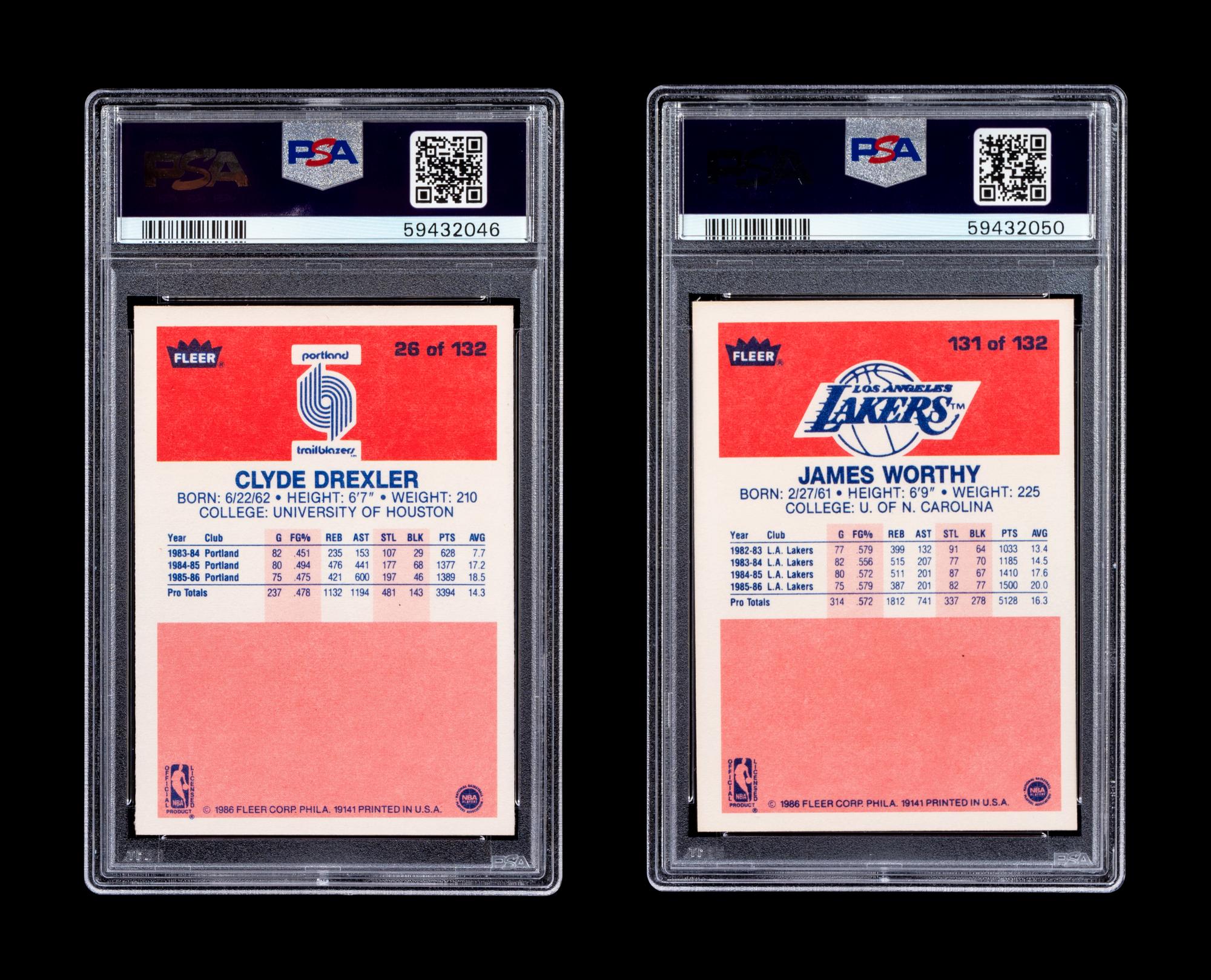 A Group of 1986 Fleer Clyde Drexler and James Worthy PSA Graded Rookie Basketball Cards,