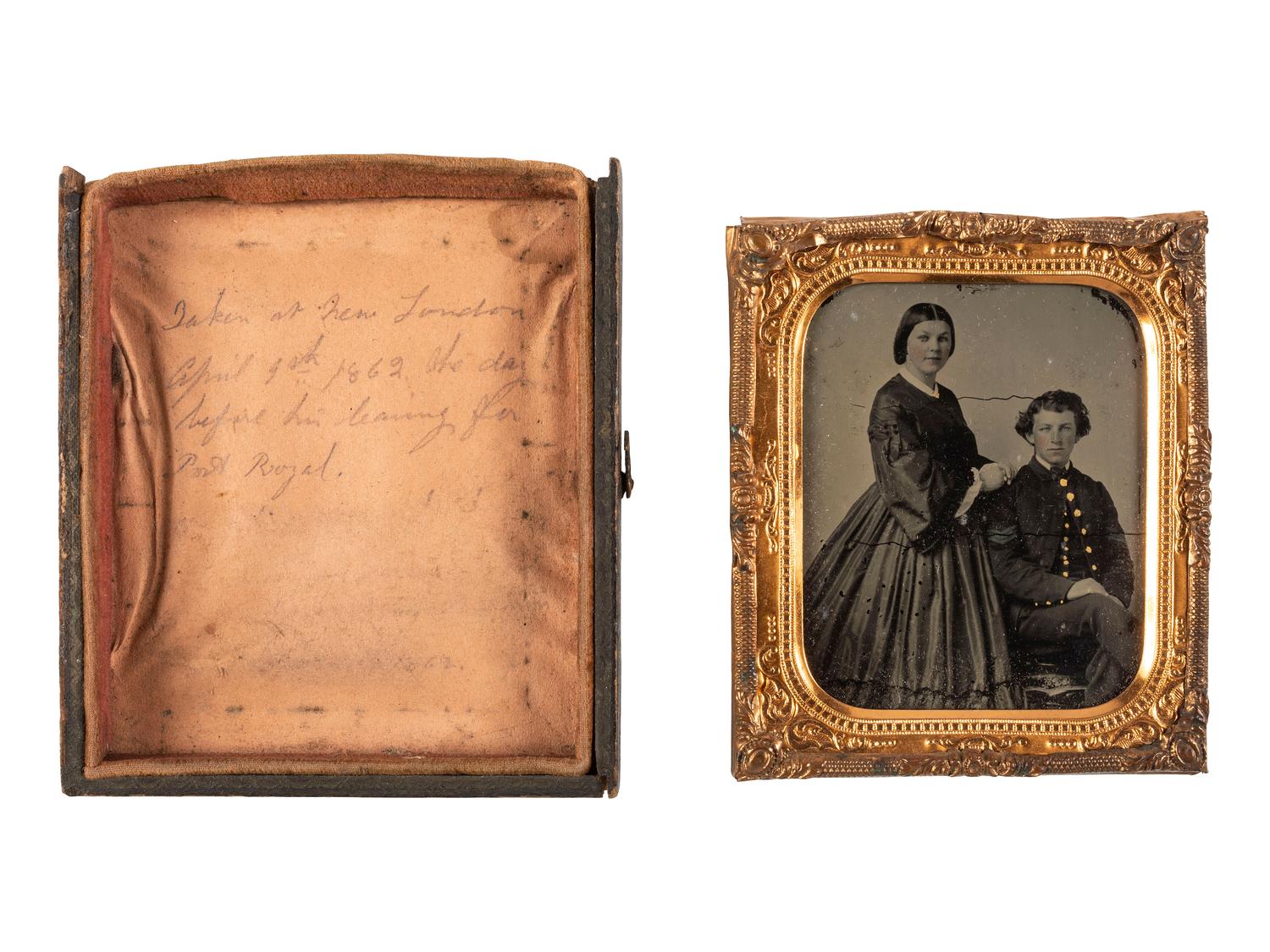 [CIVIL WAR]. Sixth plate ruby ambrotype of infantry sergeant and wife with inscription. [New London], [CT?]: [April 1862].