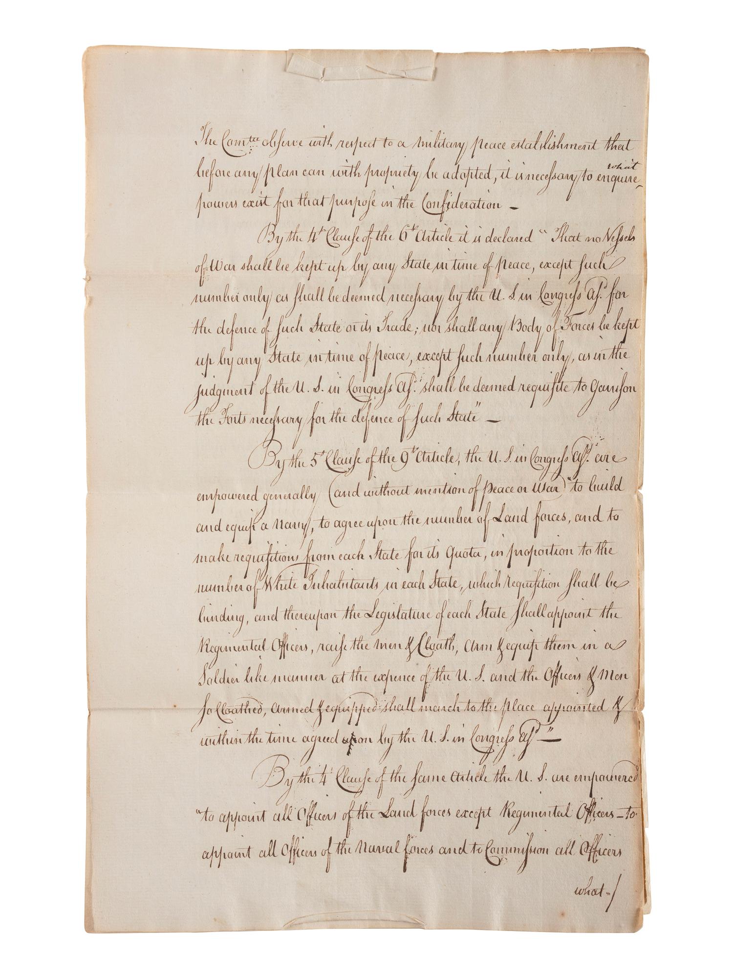 [CONTINENTAL CONGRESS] -- [HAMILTON, Alexander (1755-1804)]. [HOLTEN, Dr. Samuel (1738-1816).] Dr. Samuel Holten's personal copy of the Report of a Committee to the Continental Congress on a Military Peace Establishment, [1783].