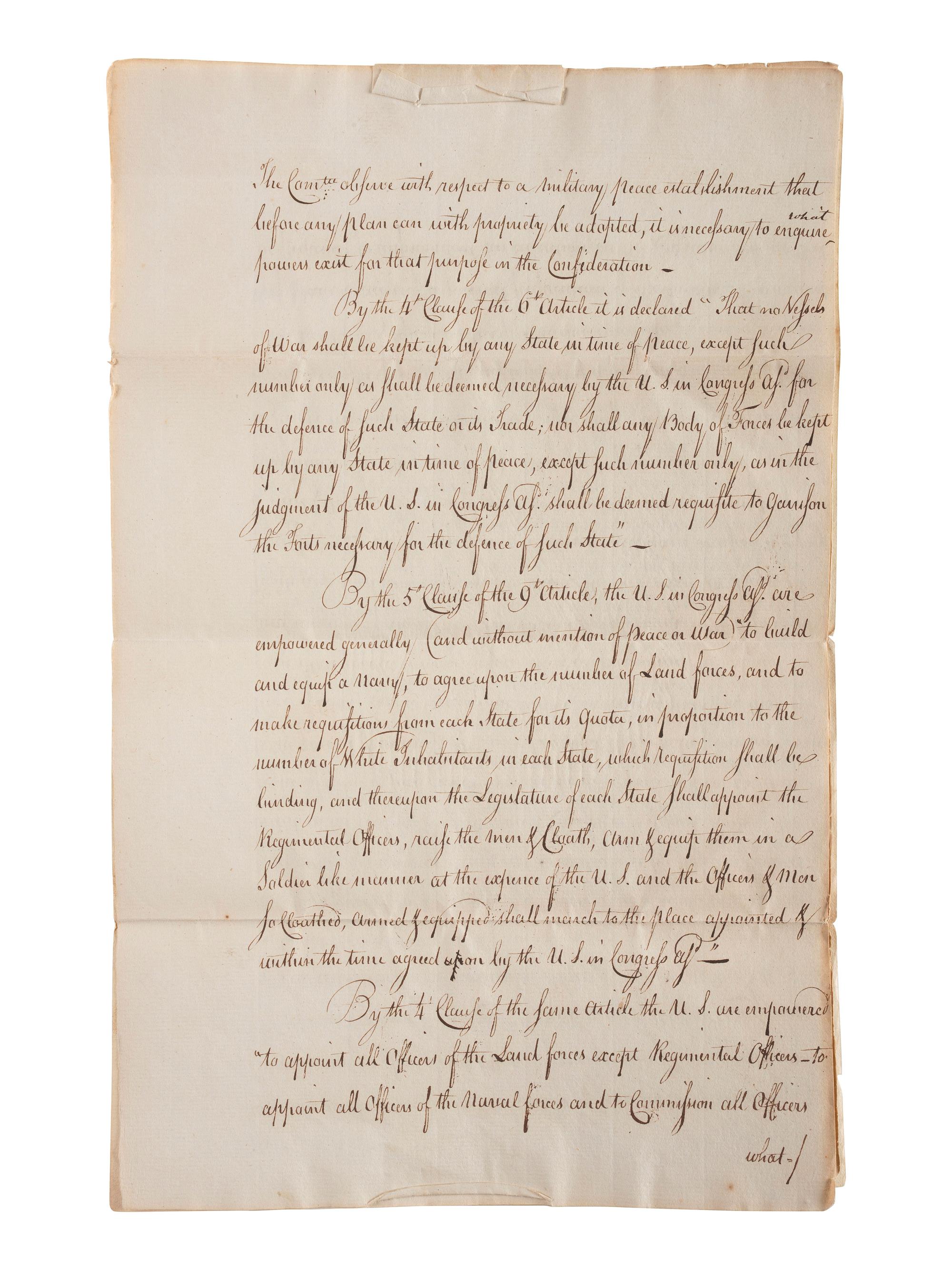 [CONTINENTAL CONGRESS] -- [HAMILTON, Alexander (1755-1804)]. [HOLTEN, Dr. Samuel (1738-1816).] Dr. Samuel Holten's personal copy of the Report of a Committee to the Continental Congress on a Military Peace Establishment, [1783].