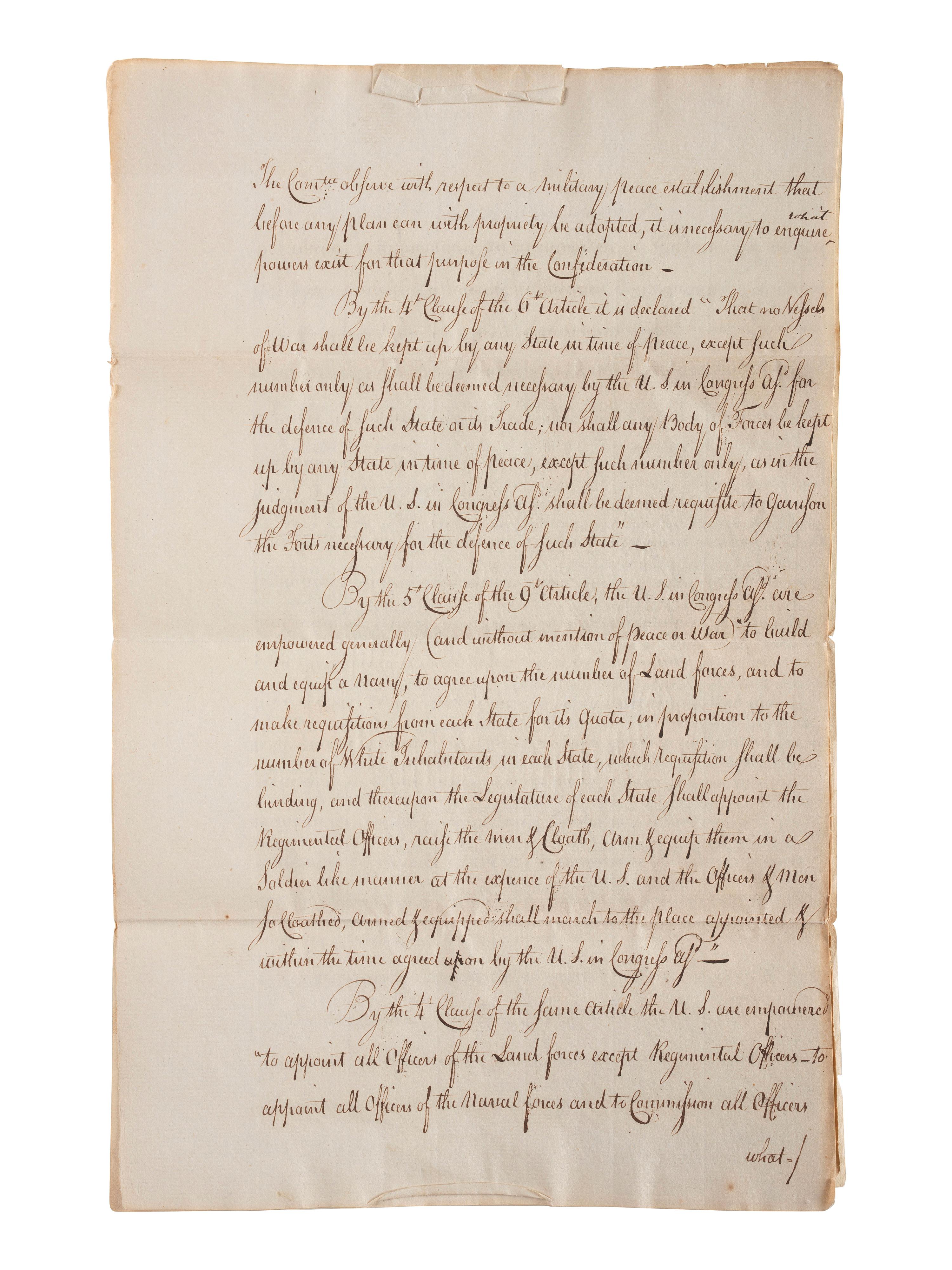[CONTINENTAL CONGRESS] -- [HAMILTON, Alexander (1755-1804)]. [HOLTEN, Dr. Samuel (1738-1816).] Dr. Samuel Holten's personal copy of the Report of a Committee to the Continental Congress on a Military Peace Establishment, [1783].