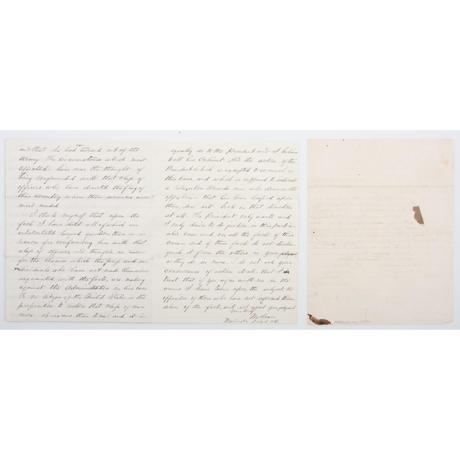 Pair of Important Letters Concerning Colonel William Emory, Incl. the Withdrawal of Troops at Fort Washita, Indian Territory, 1861