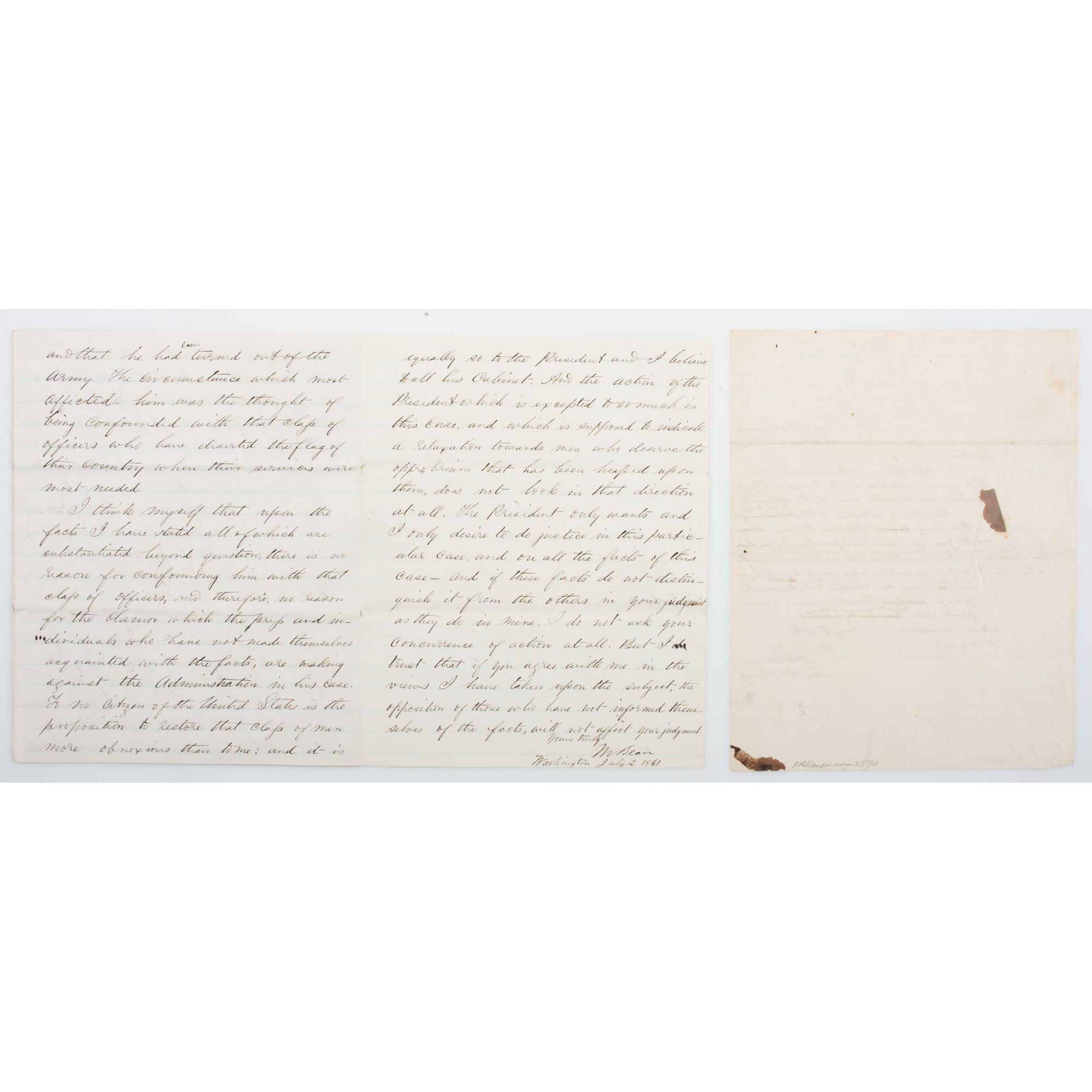 Pair of Important Letters Concerning Colonel William Emory, Incl. the Withdrawal of Troops at Fort Washita, Indian Territory, 1861