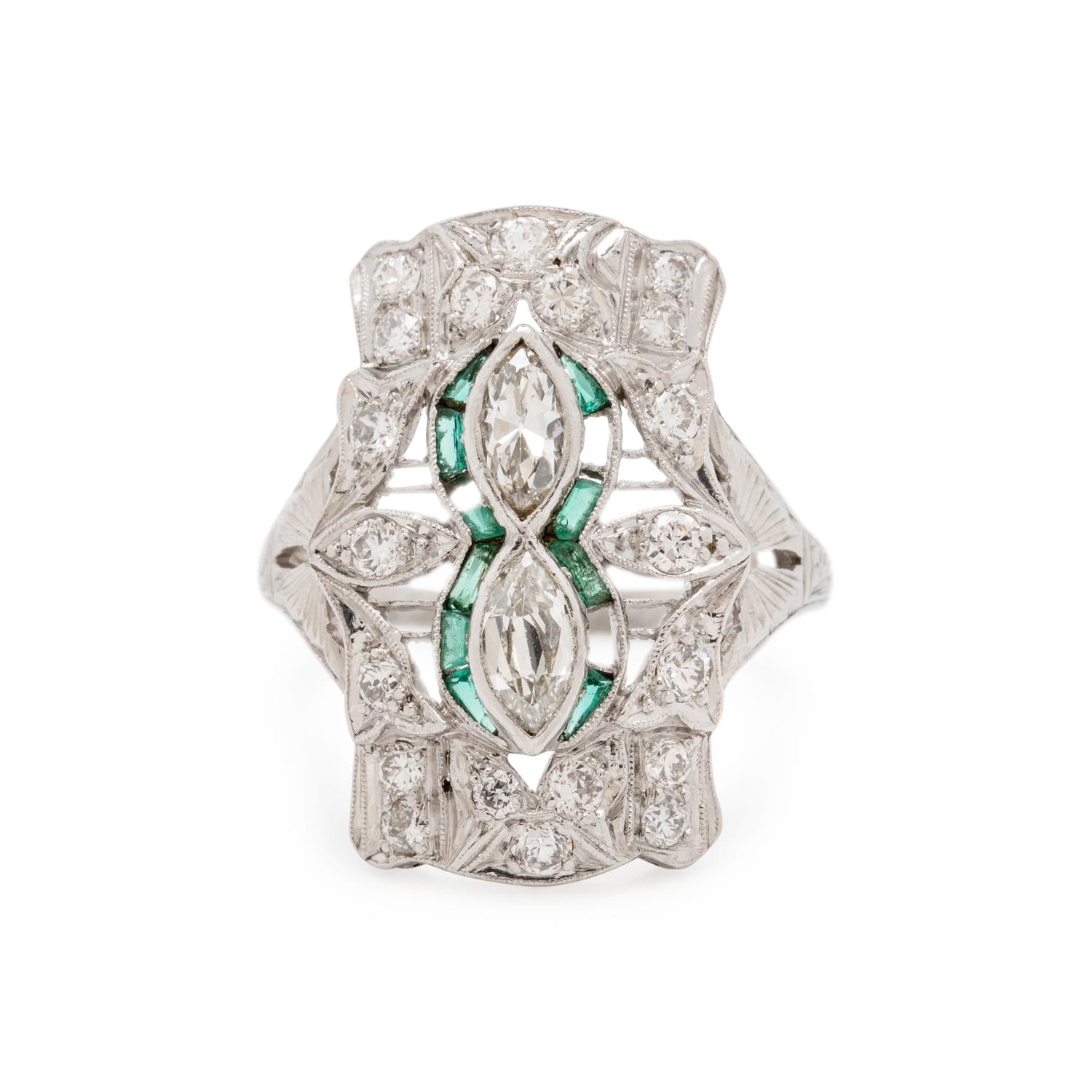 PLATINUM, DIAMOND AND EMERALD RING