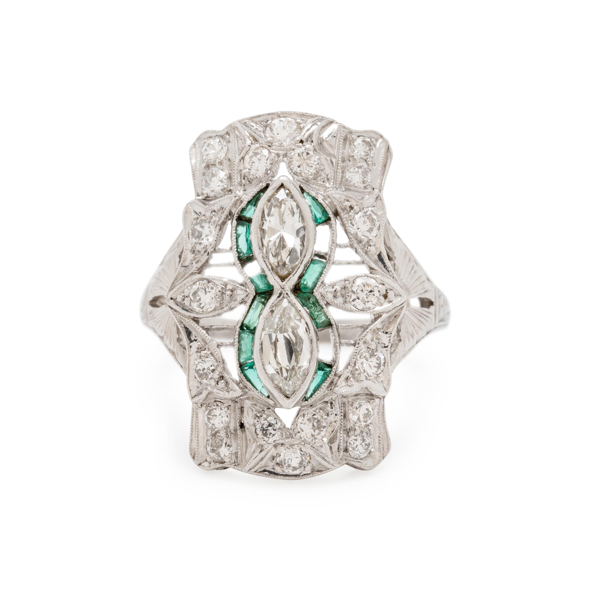 PLATINUM, DIAMOND AND EMERALD RING