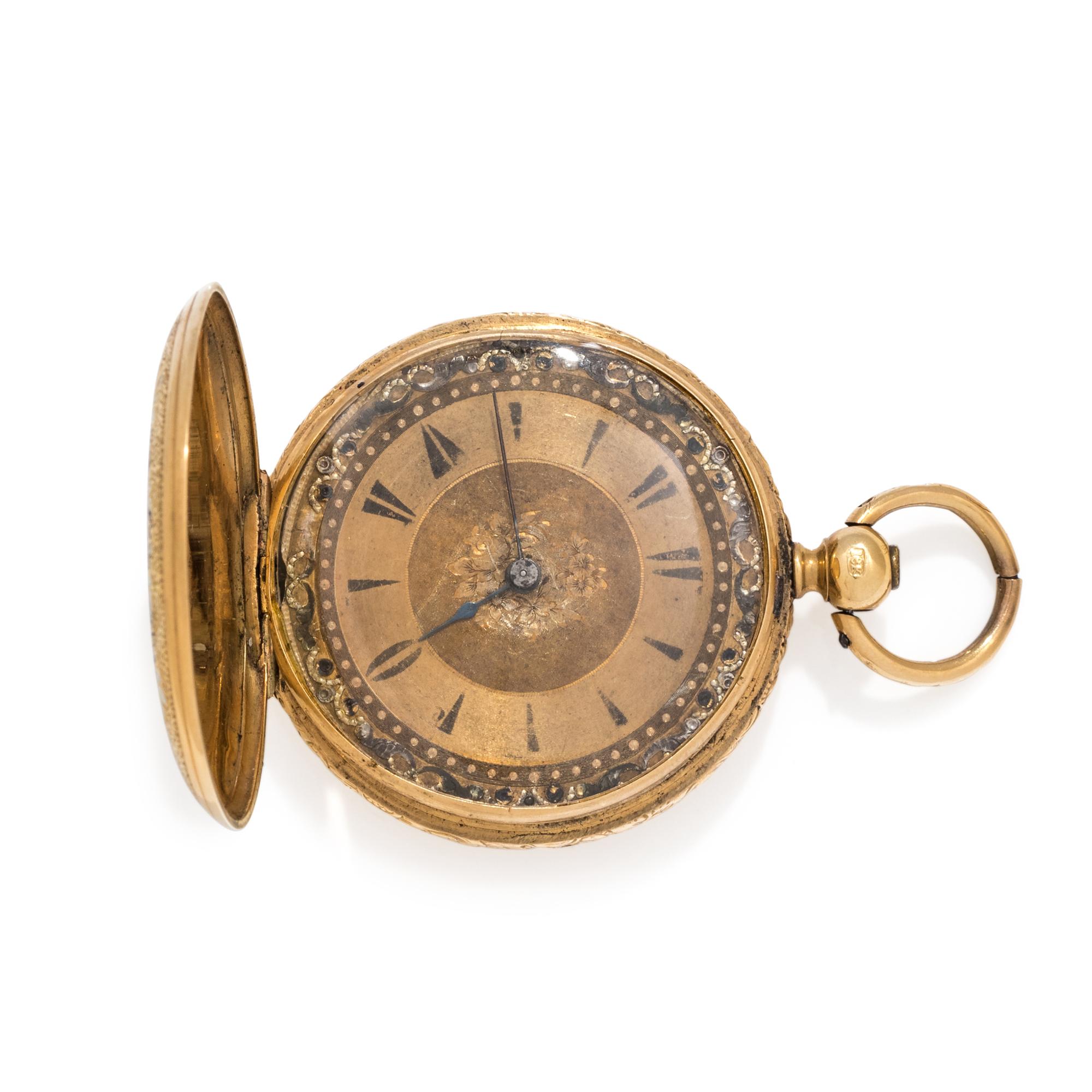 18K YELLOW GOLD AND ENAMEL HUNTER CASE POCKET WATCH