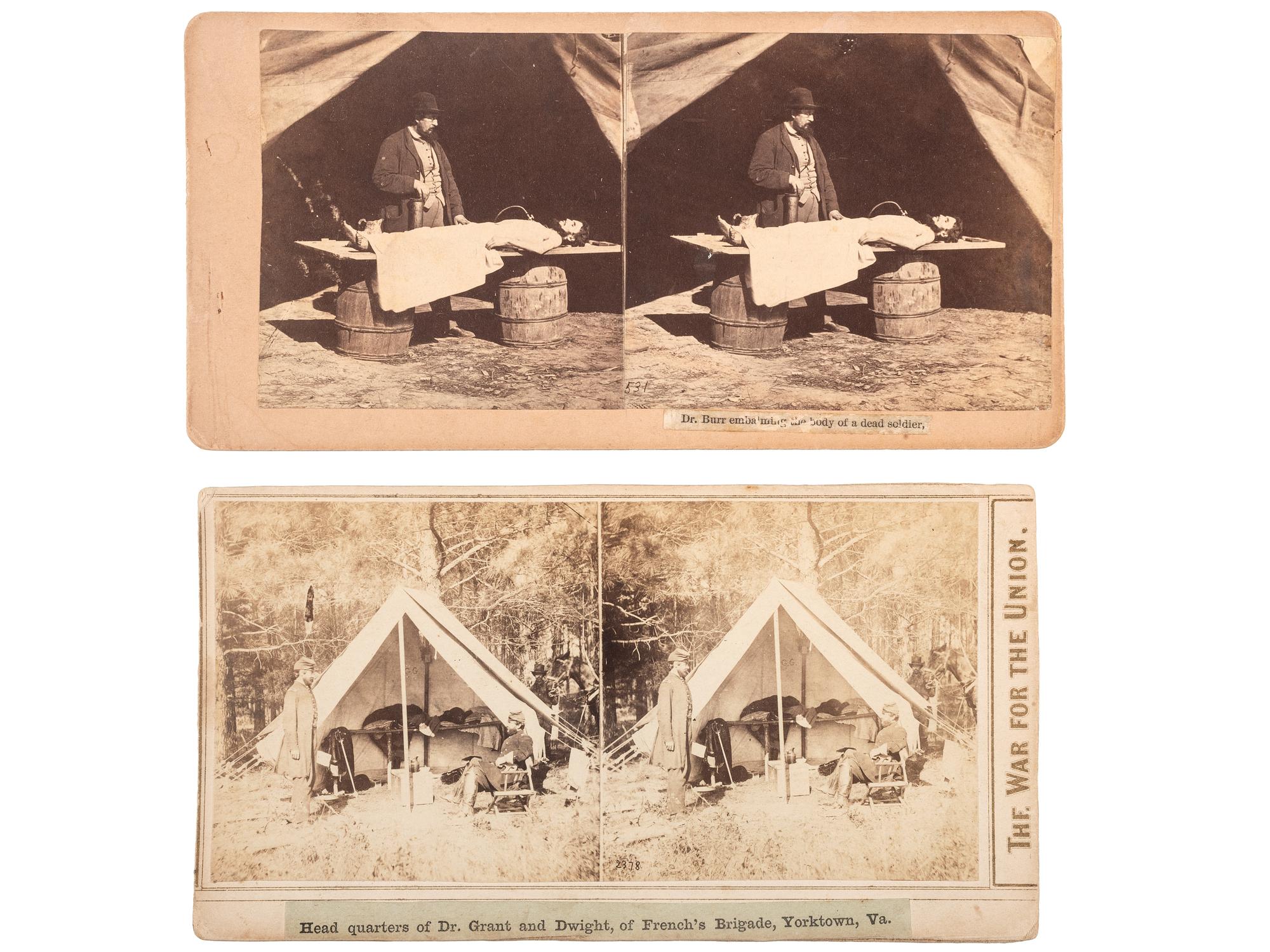 [CIVIL WAR]. A group of 2 stereoviews with medical content, incl. a doctor's tent and an embalming scene. New York: E. & H.T. Anthony, ca 1860s.