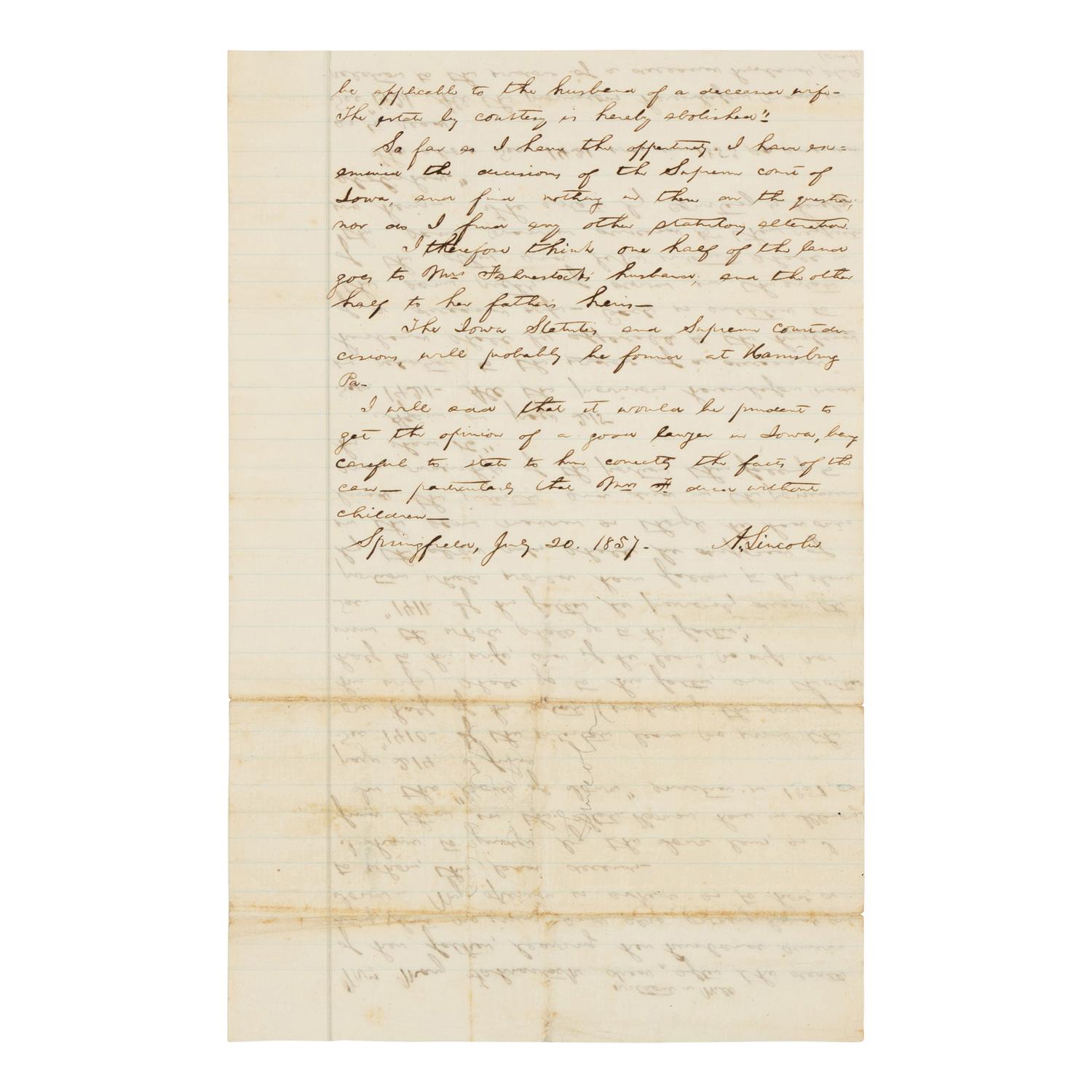LINCOLN, Abraham (1809-1865). Autograph legal document signed ("A. Lincoln") in the case of Mary Fahnestock, Springfield, 20 July 1857.
