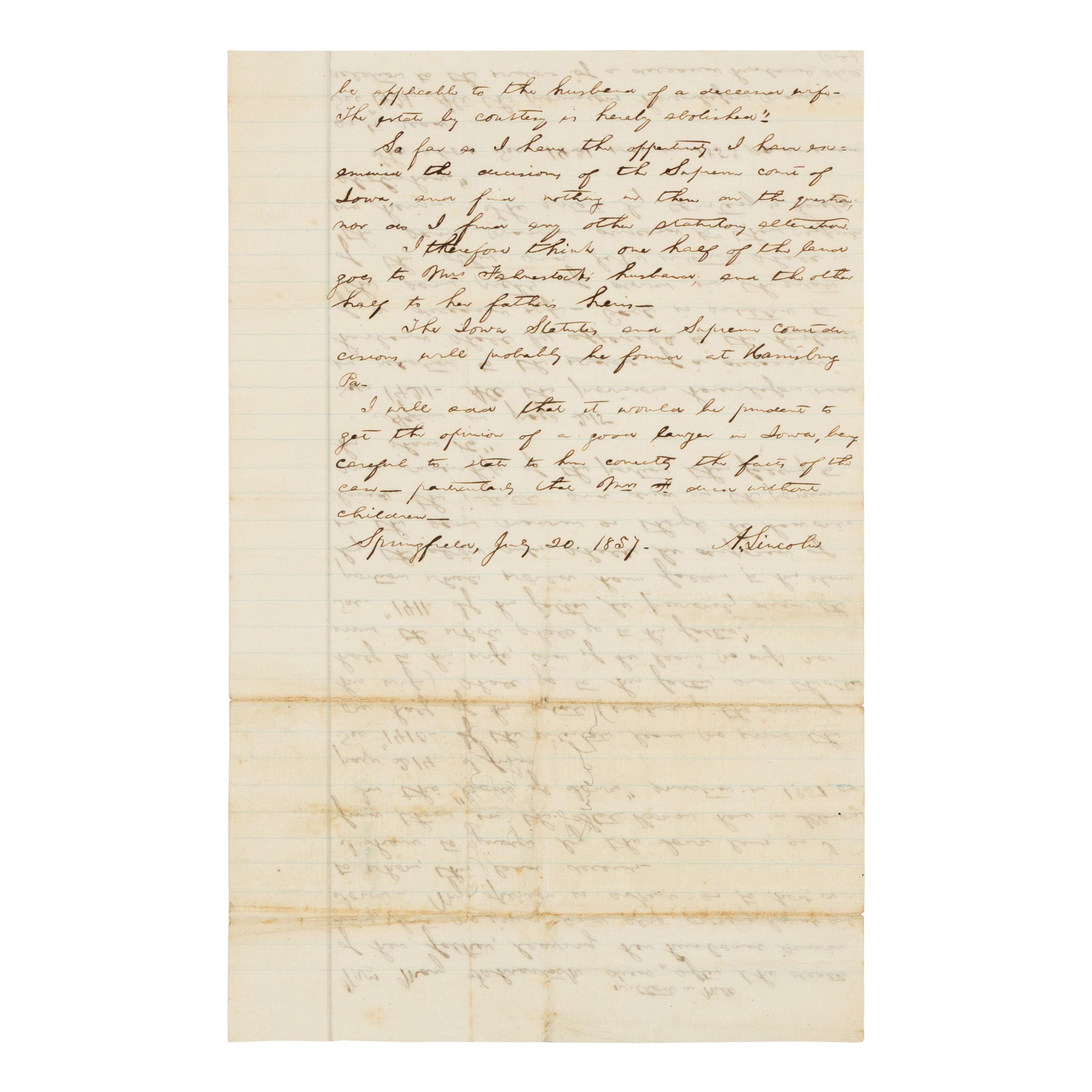 LINCOLN, Abraham (1809-1865). Autograph legal document signed ("A. Lincoln") in the case of Mary Fahnestock, Springfield, 20 July 1857.